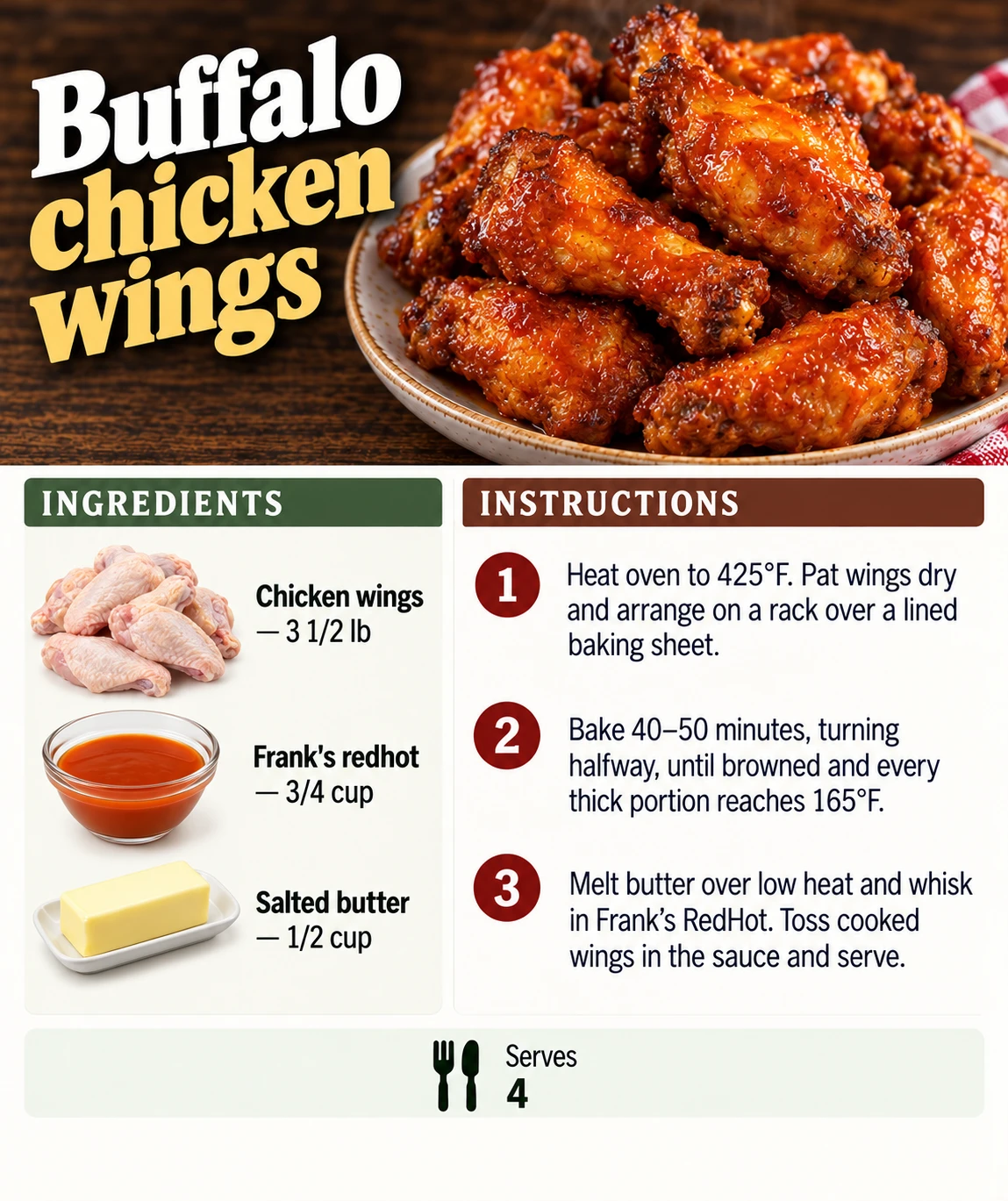 Saved Buffalo chicken wings recipe card; accessible ingredients and instructions are listed above.