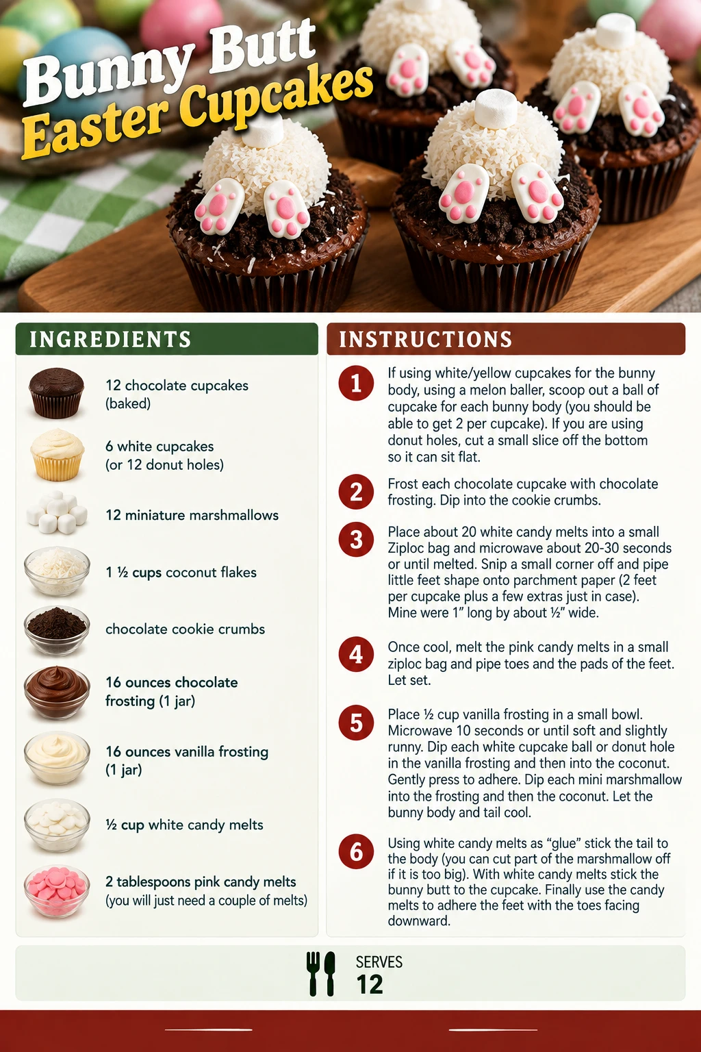 Saved Bunny Butt Easter Cupcakes recipe card; accessible ingredients and instructions are listed above.