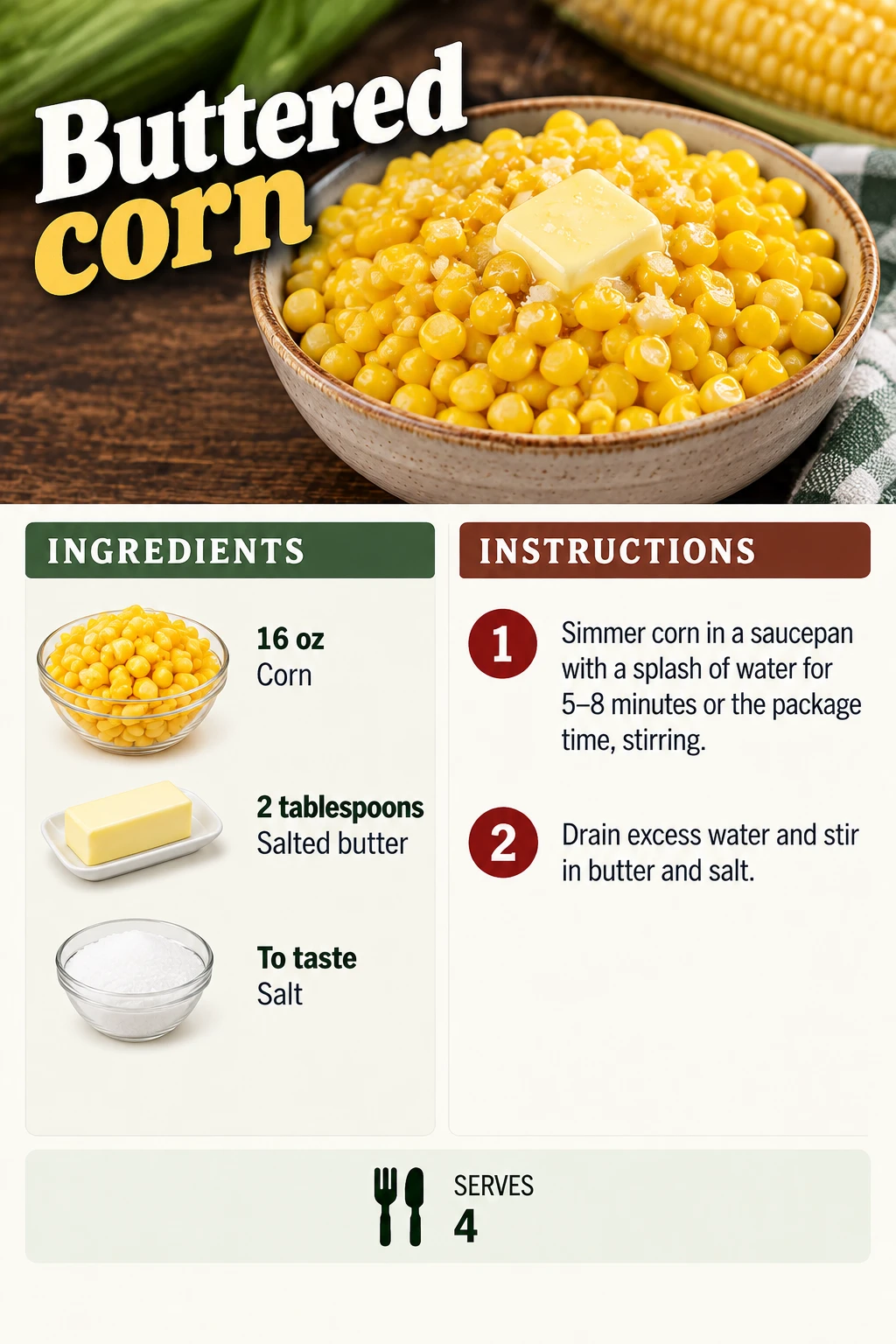 Saved Buttered corn recipe card; accessible ingredients and instructions are listed above.