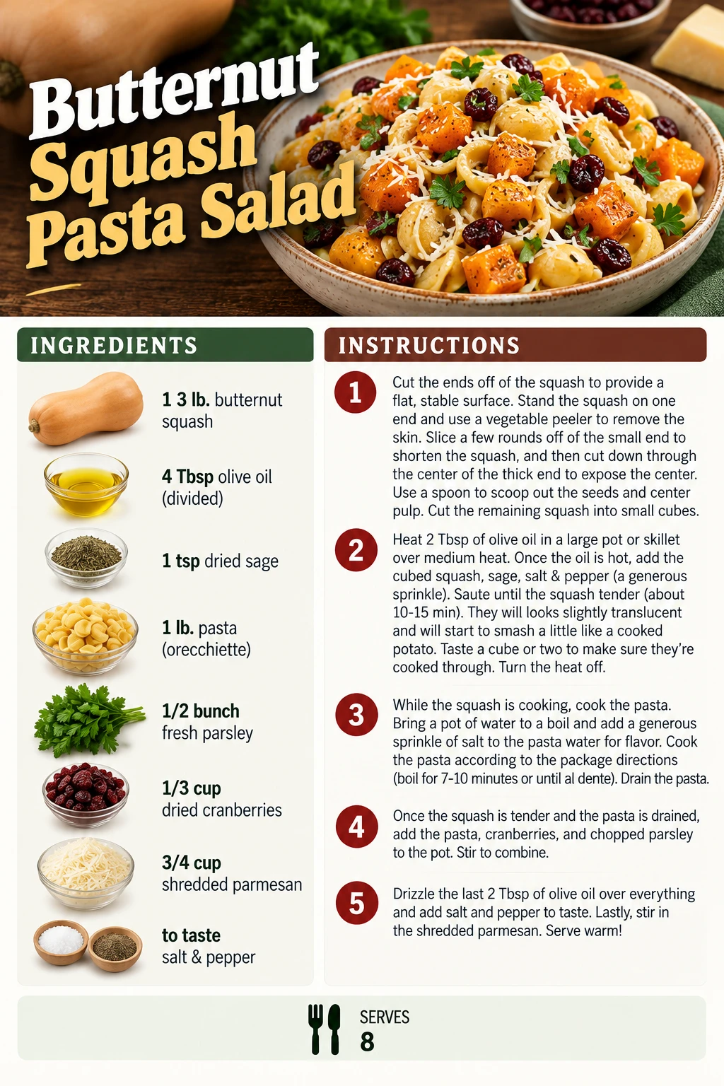 Saved Butternut Squash Pasta Salad recipe card; accessible ingredients and instructions are listed above.