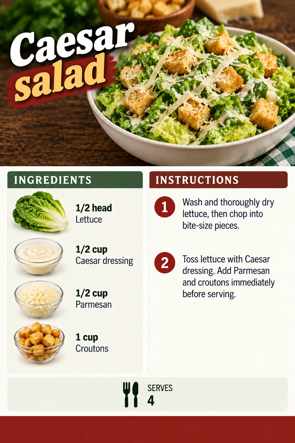 Saved Caesar salad recipe card; accessible ingredients and instructions are listed above.