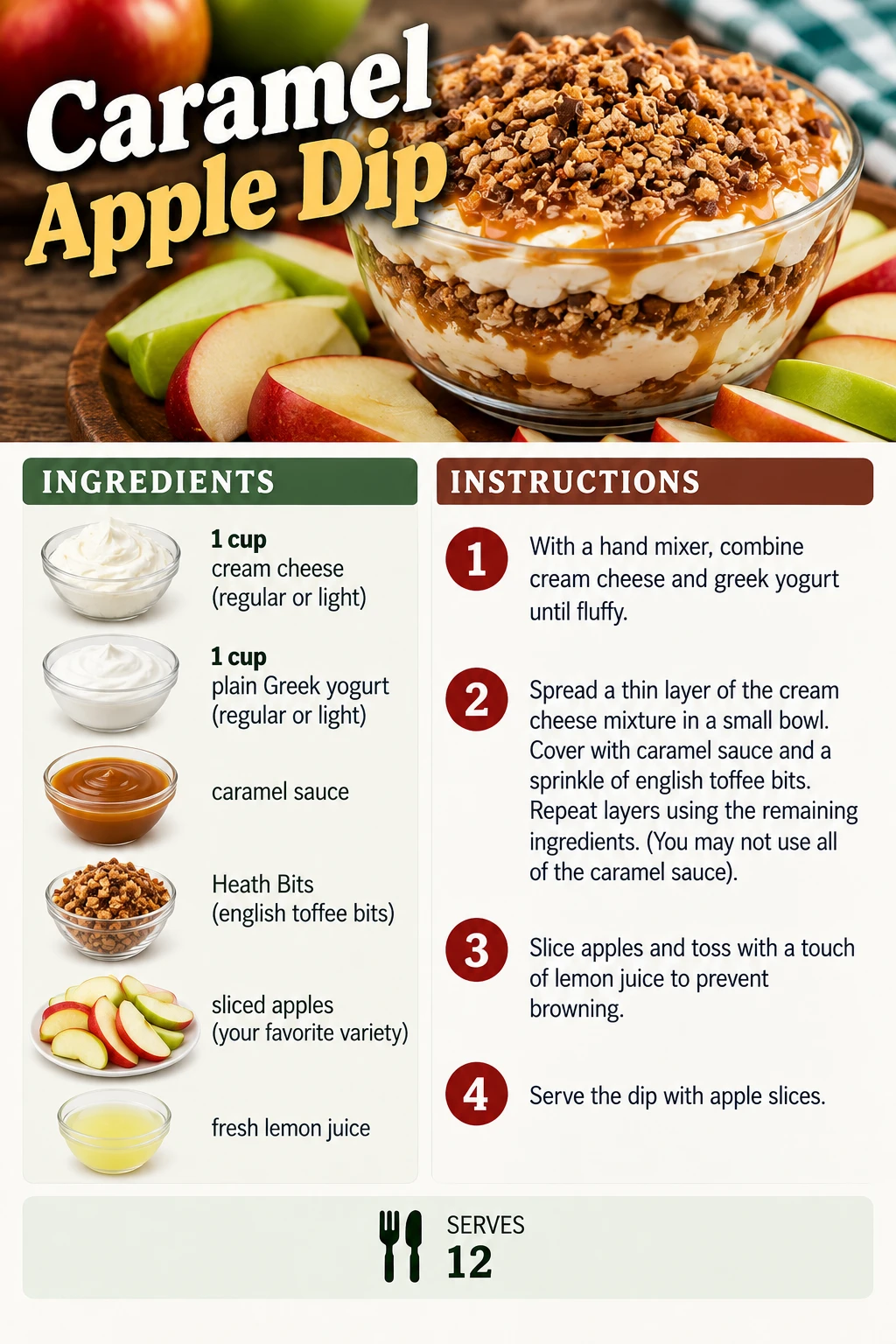 Saved Caramel Apple Dip recipe card; accessible ingredients and instructions are listed above.