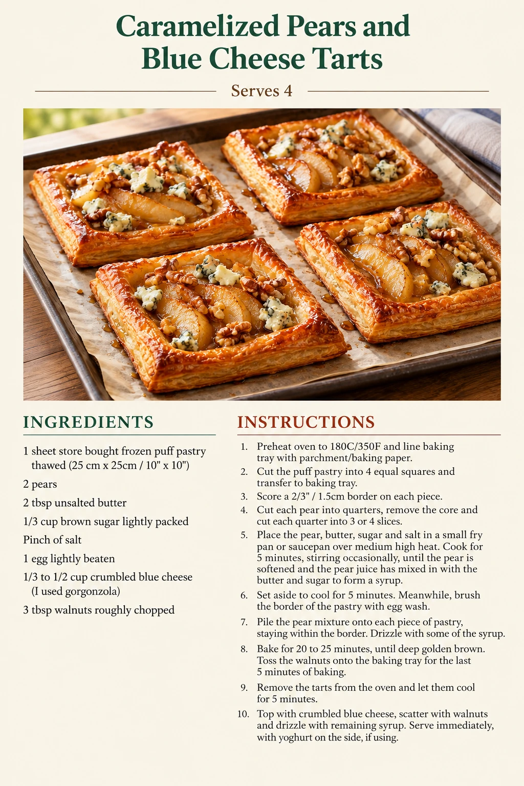 Saved Caramelized Pears and Blue Cheese Tarts recipe card; accessible ingredients and instructions are listed above.