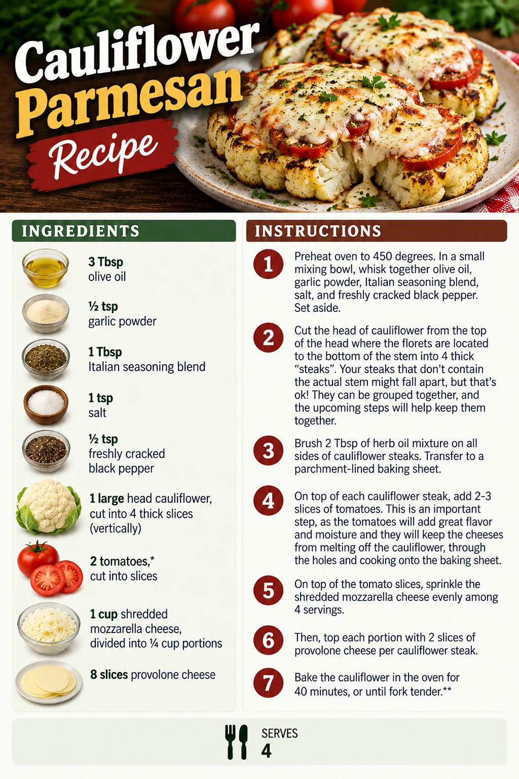 Saved Cauliflower Parmesan Recipe recipe card; accessible ingredients and instructions are listed above.
