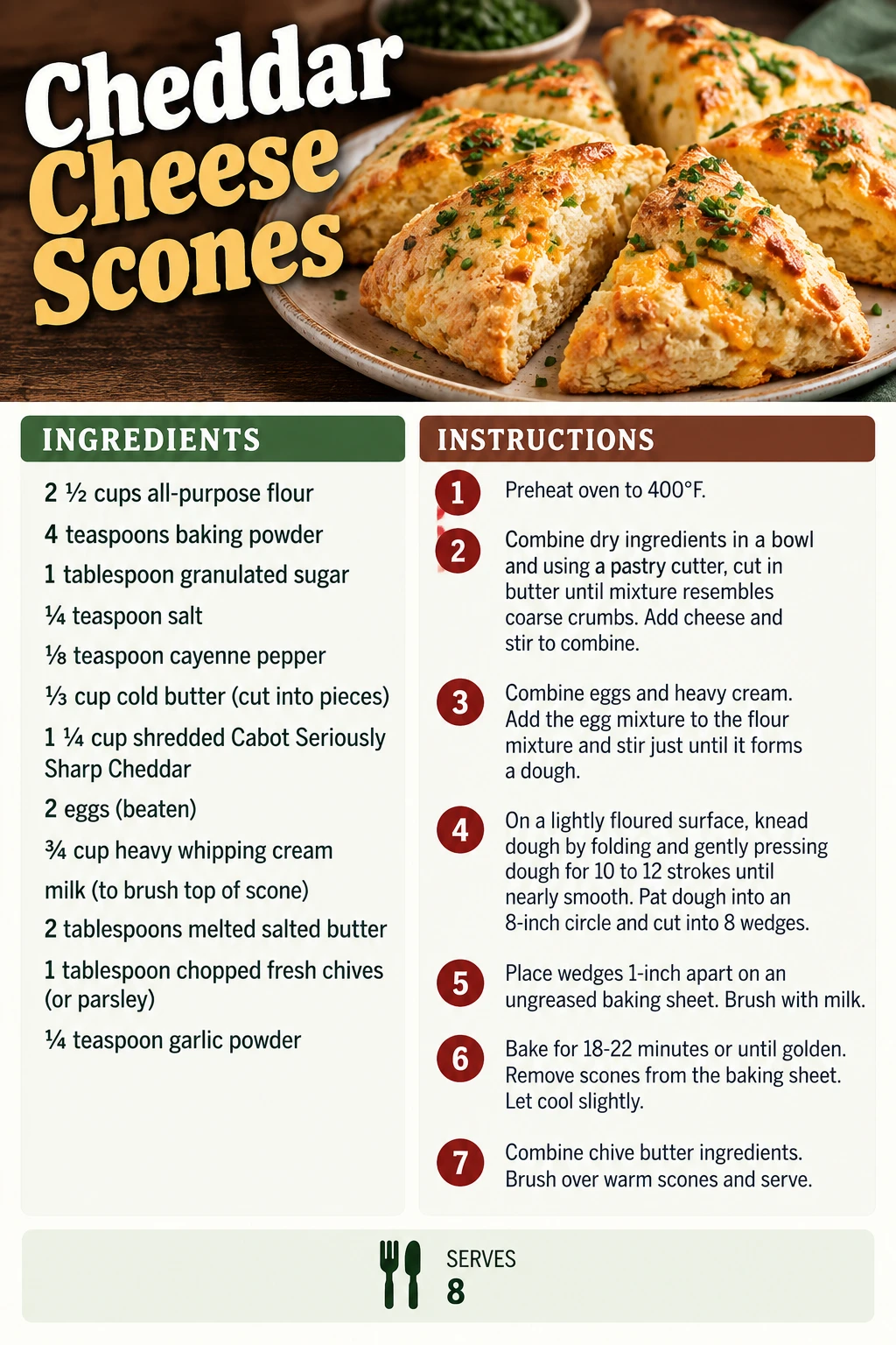Saved Cheddar Cheese Scones recipe card; accessible ingredients and instructions are listed above.