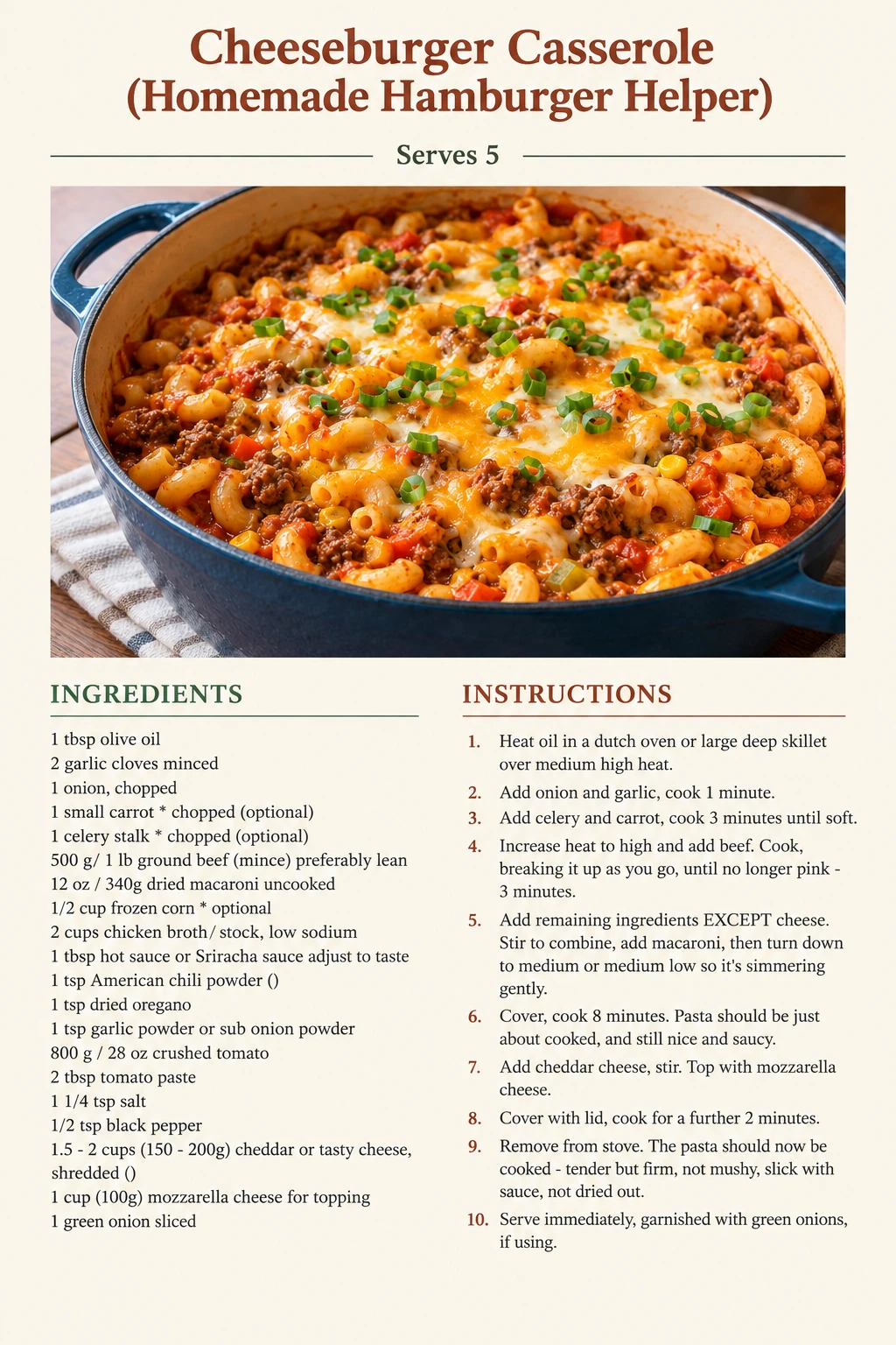 Saved Cheeseburger Casserole (Homemade Hamburger Helper) recipe card; accessible ingredients and instructions are listed above.