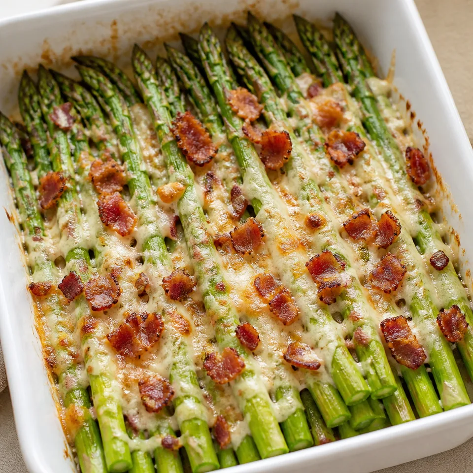 Cheesy Baked Asparagus with Gruyere cheese, Garlic, and Bacon — serving inspiration