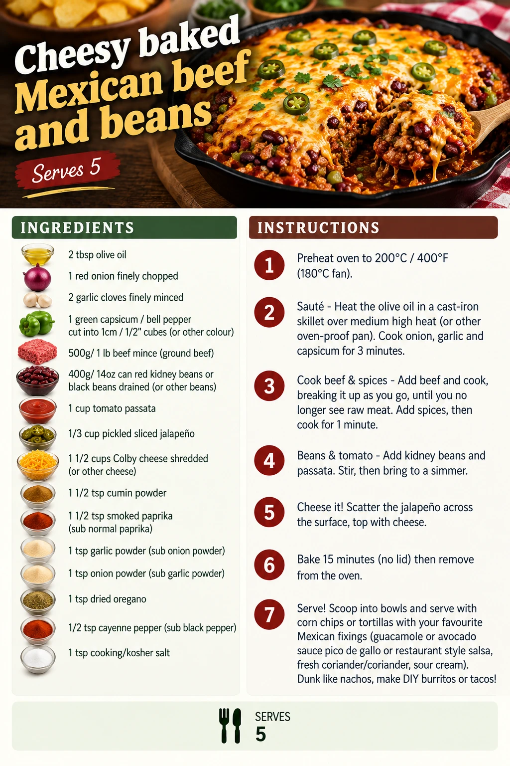 Saved Cheesy baked Mexican beef and beans recipe card; accessible ingredients and instructions are listed above.