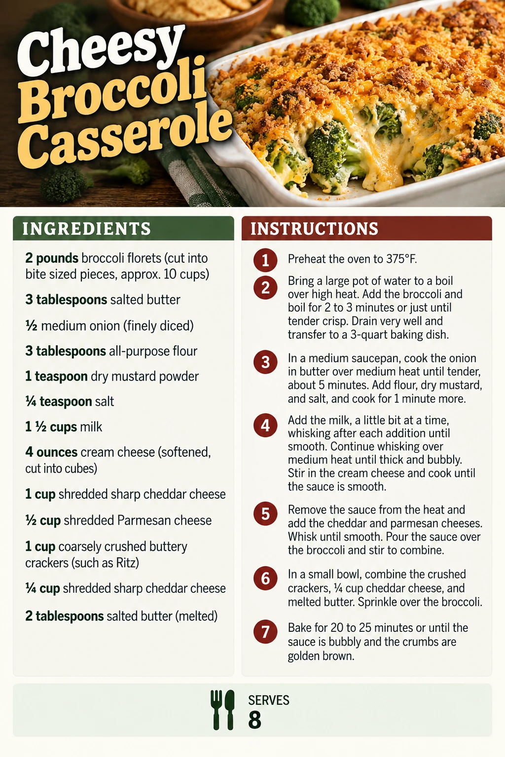 Saved Cheesy Broccoli Casserole recipe card; accessible ingredients and instructions are listed above.