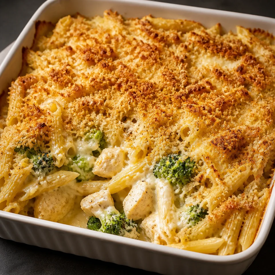 Cheesy broccoli chicken pasta bake — serving inspiration
