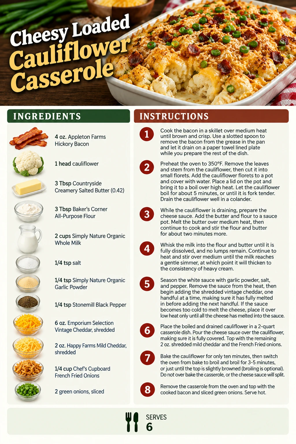 Saved Cheesy Loaded Cauliflower Casserole recipe card; accessible ingredients and instructions are listed above.