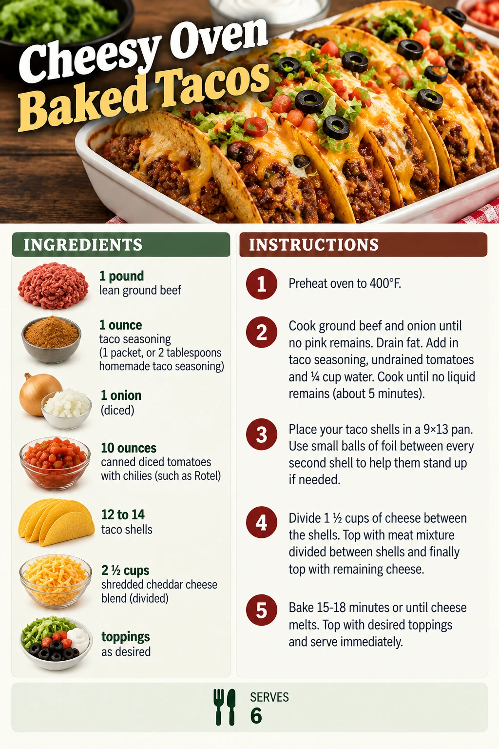 Saved Cheesy Oven Baked Tacos recipe card; accessible ingredients and instructions are listed above.