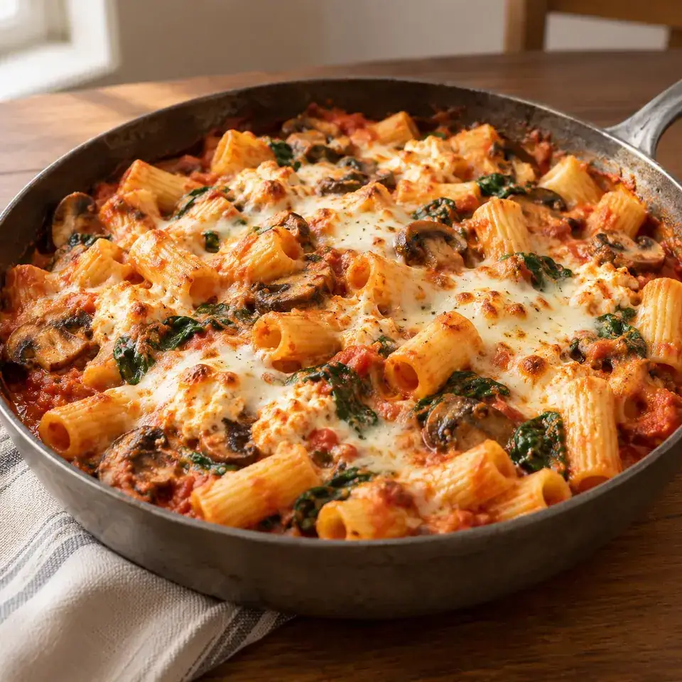 Cheesy Rigatoni Skillet with Mushrooms and Spinach — serving inspiration