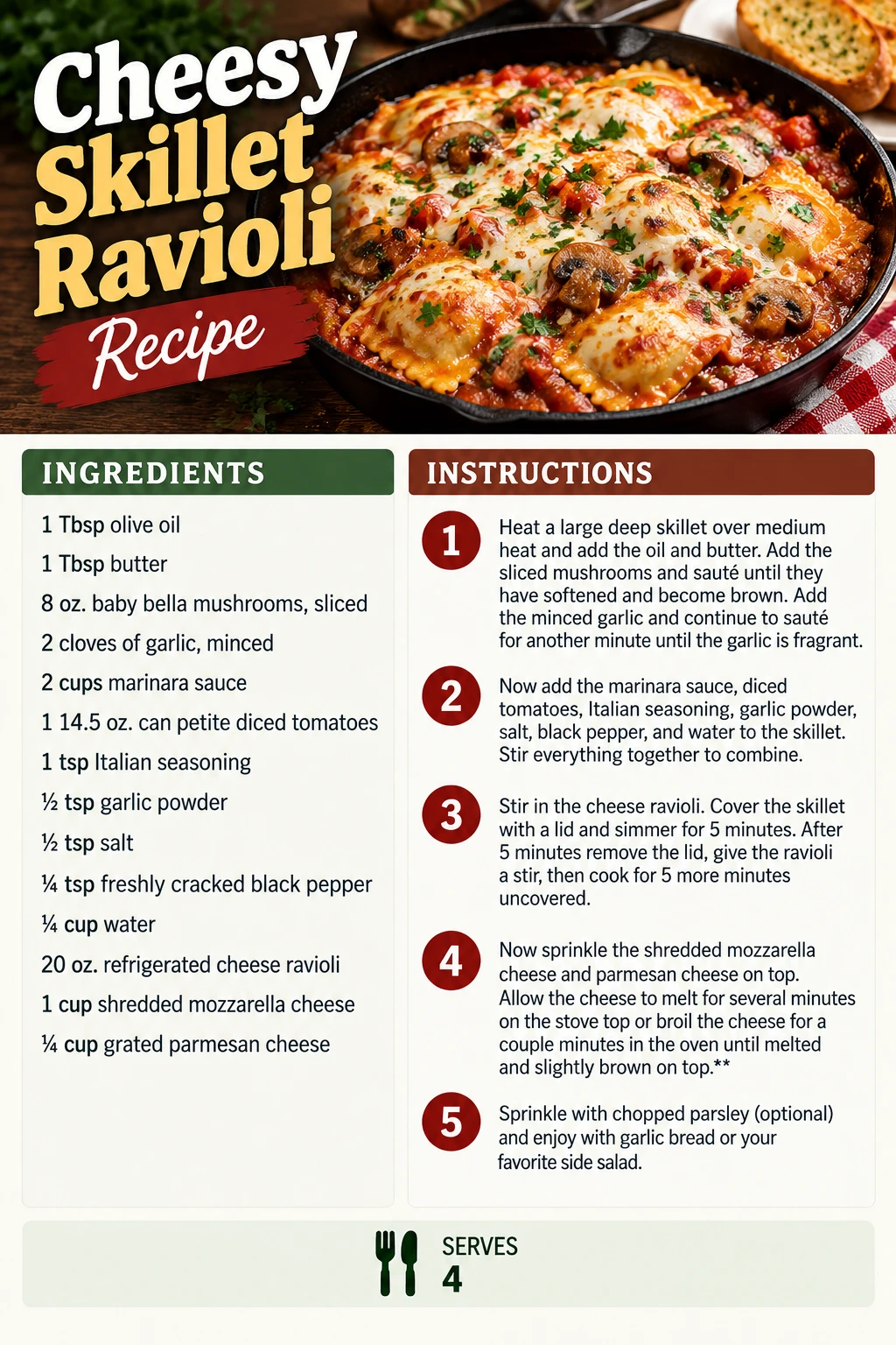 Saved Cheesy Skillet Ravioli Recipe recipe card; accessible ingredients and instructions are listed above.