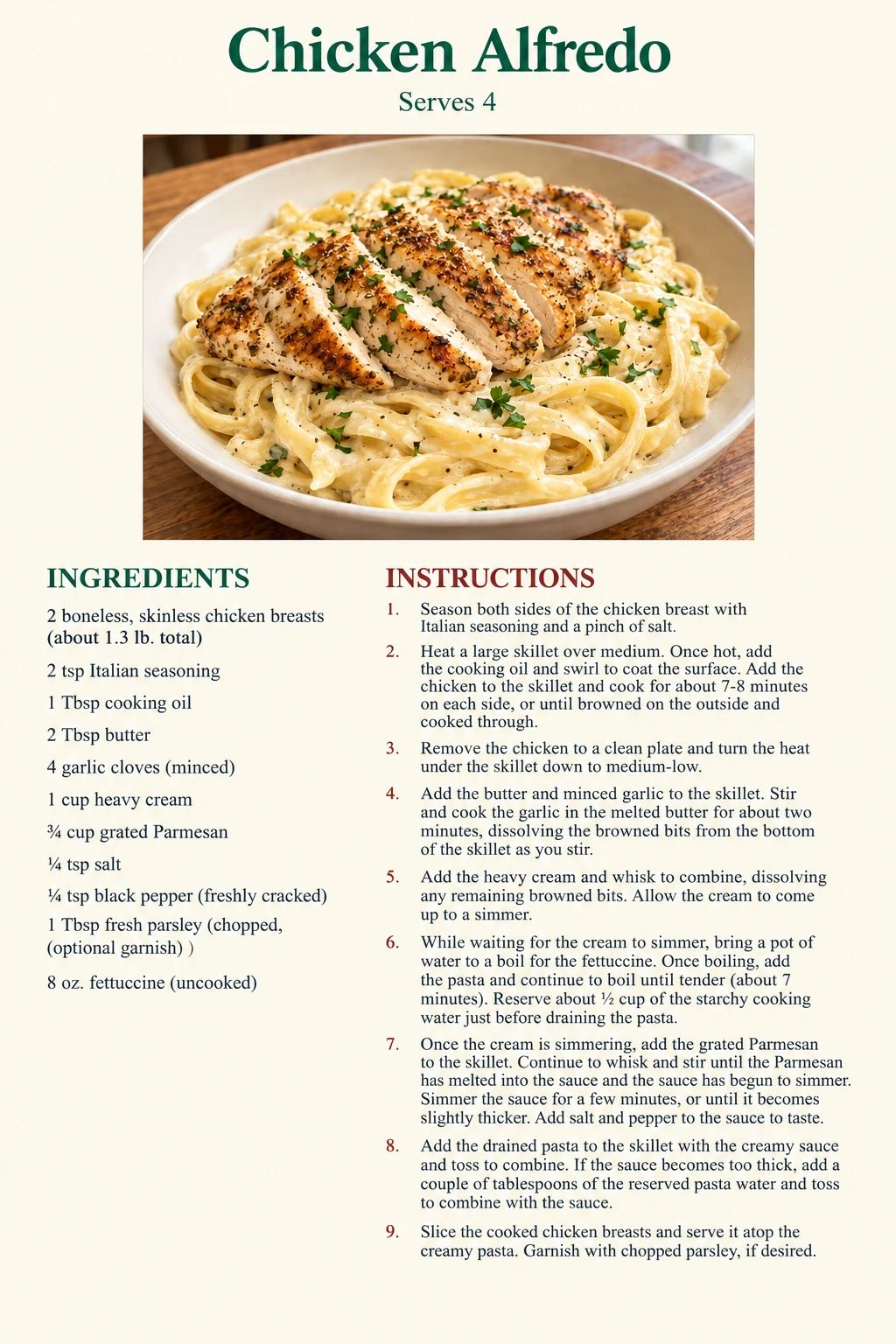 Saved Chicken Alfredo recipe card; accessible ingredients and instructions are listed above.
