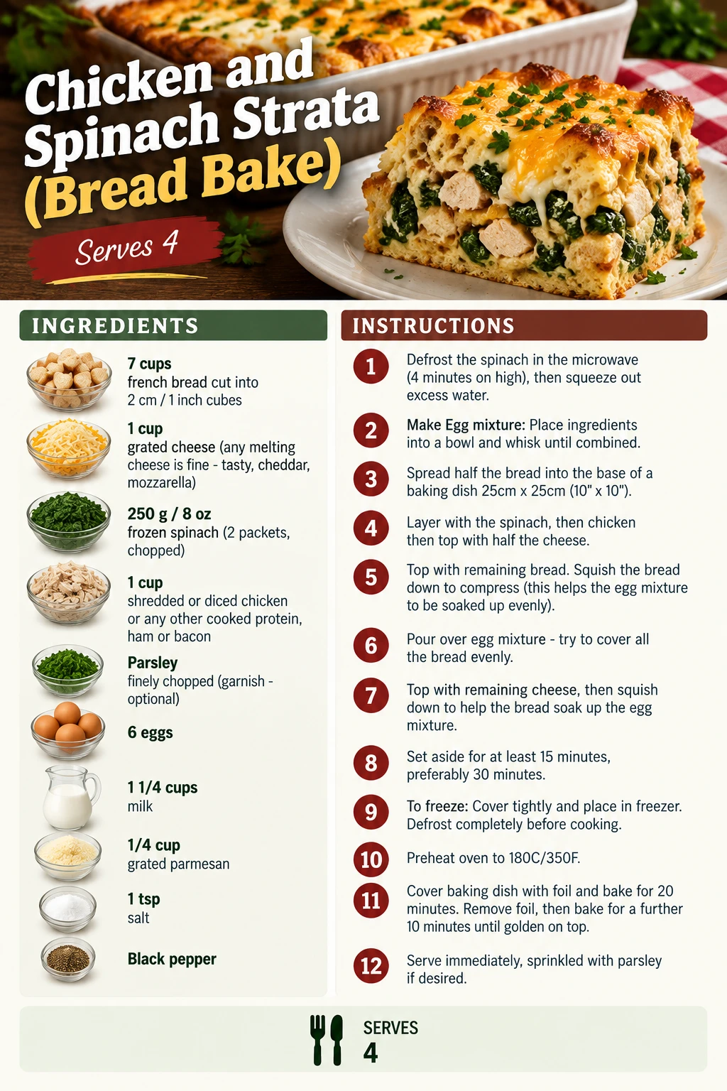 Saved Chicken and Spinach Strata (Bread Bake) recipe card; accessible ingredients and instructions are listed above.