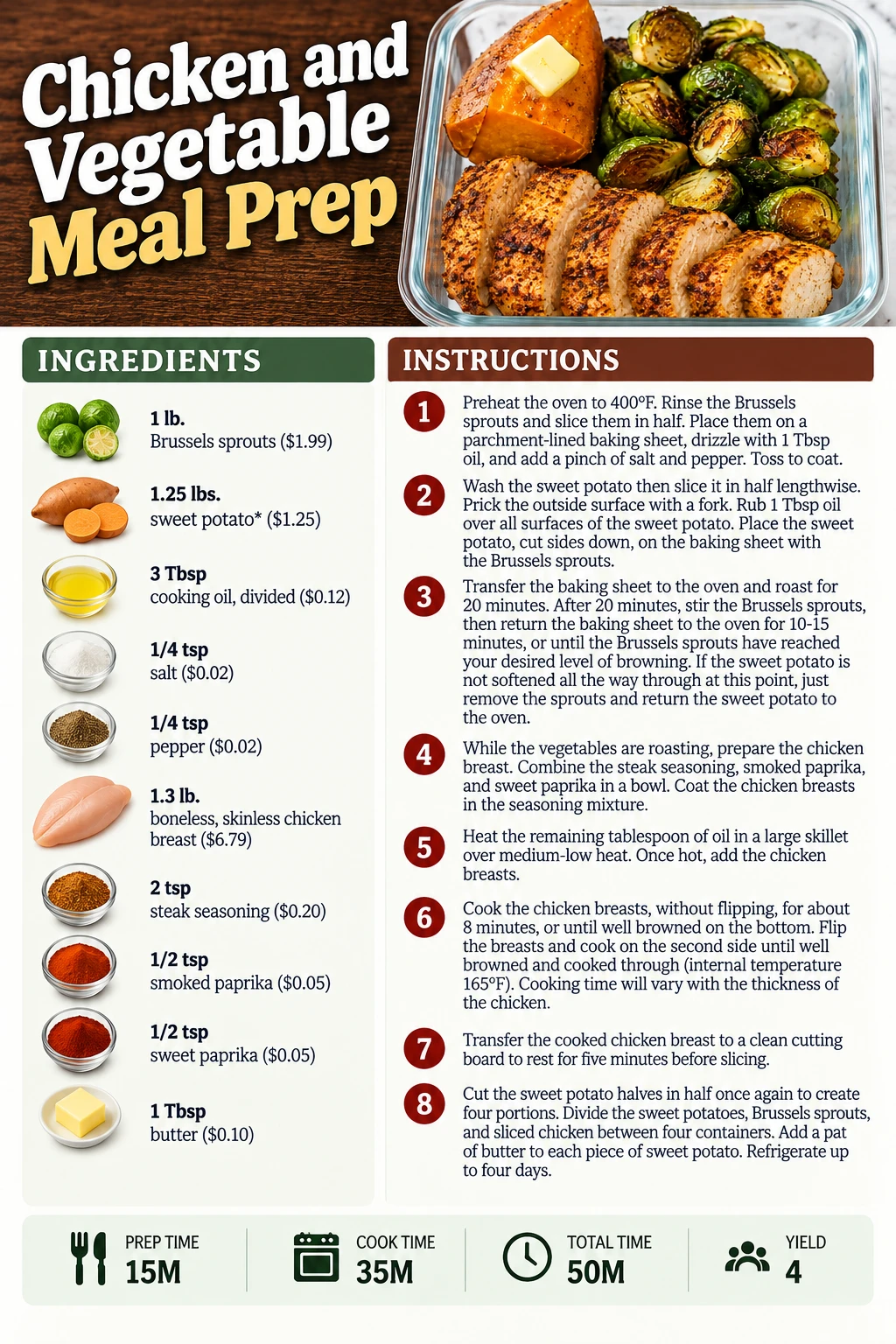 Saved Chicken and Vegetable Meal Prep recipe card; accessible ingredients and instructions are listed above.
