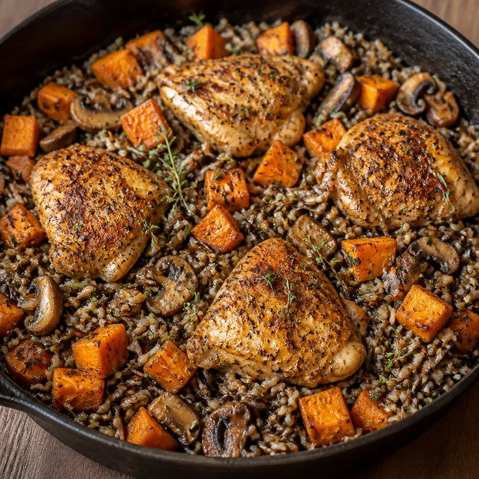 Chicken and Wild Rice with Roasted Sweet Potatoes and Mushrooms — serving inspiration