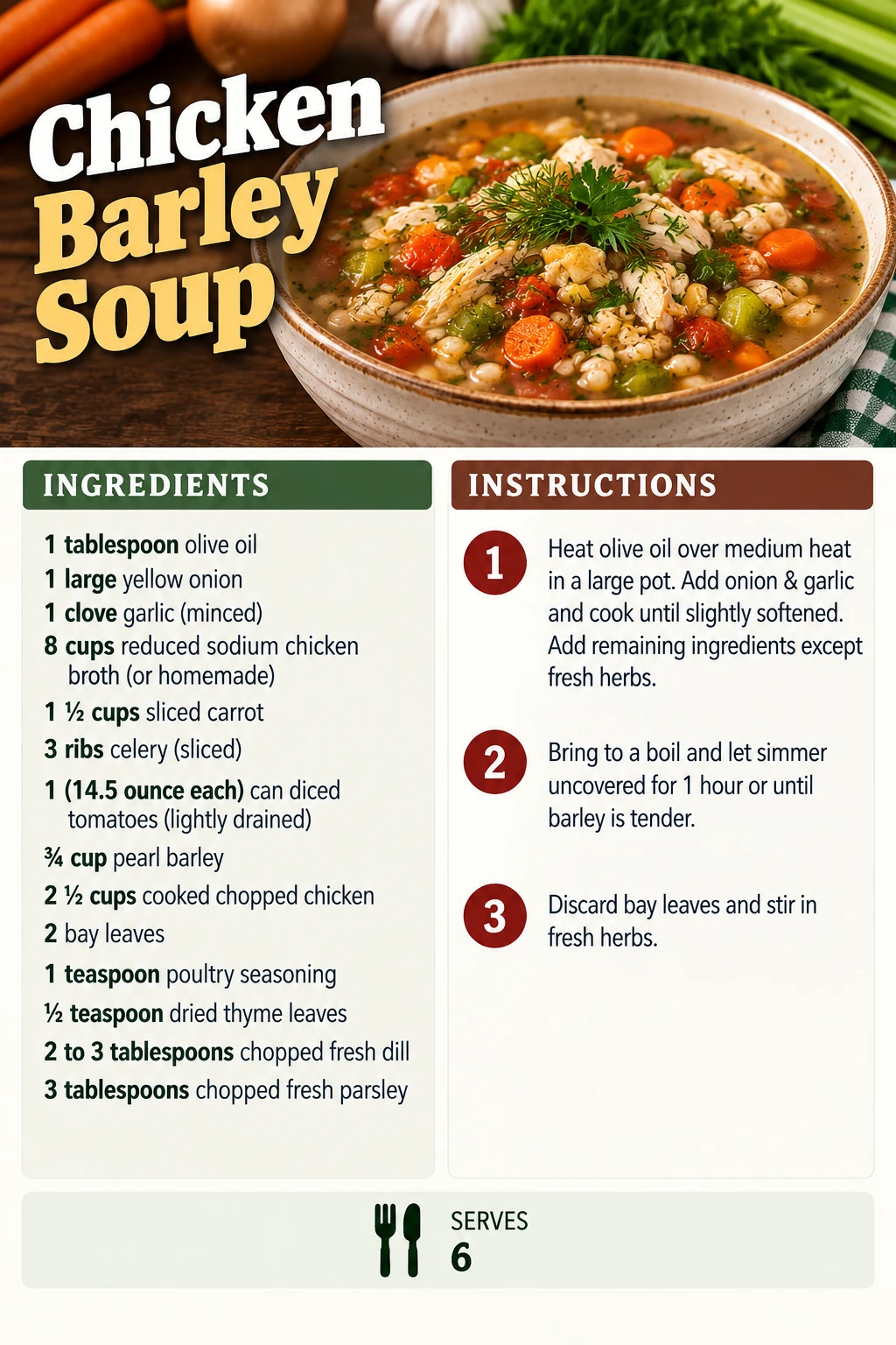 Saved Chicken Barley Soup recipe card; accessible ingredients and instructions are listed above.