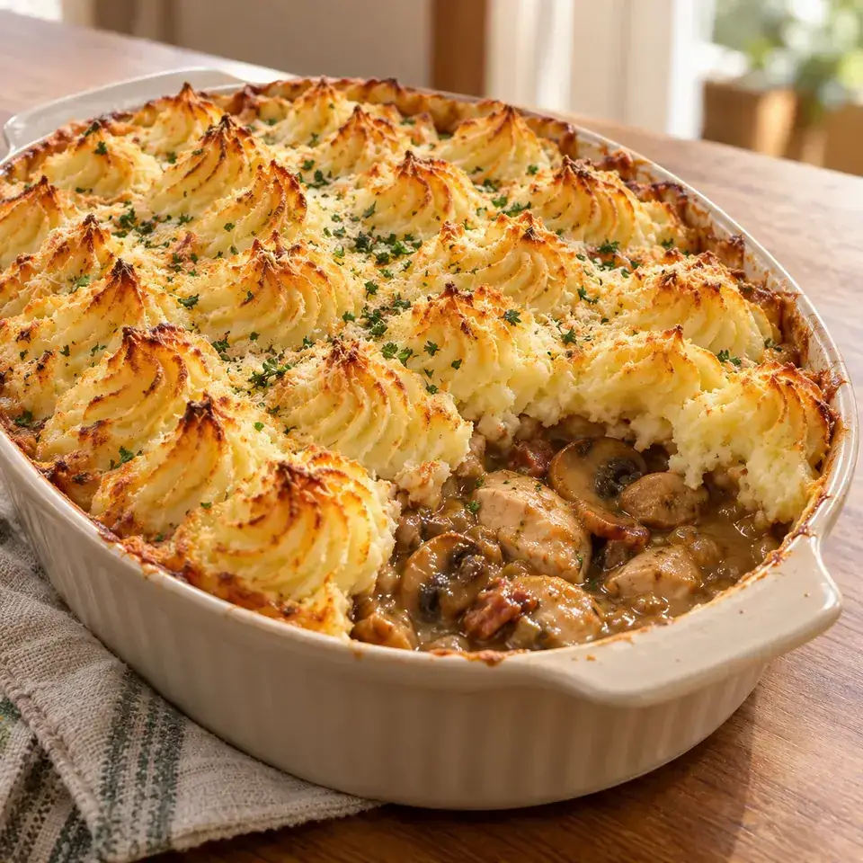 Chicken Mushroom Pie with Duchess Potato lid — serving inspiration