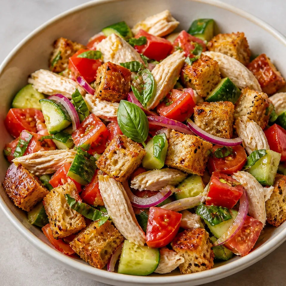 Chicken panzanella with crumpet croutons — serving inspiration