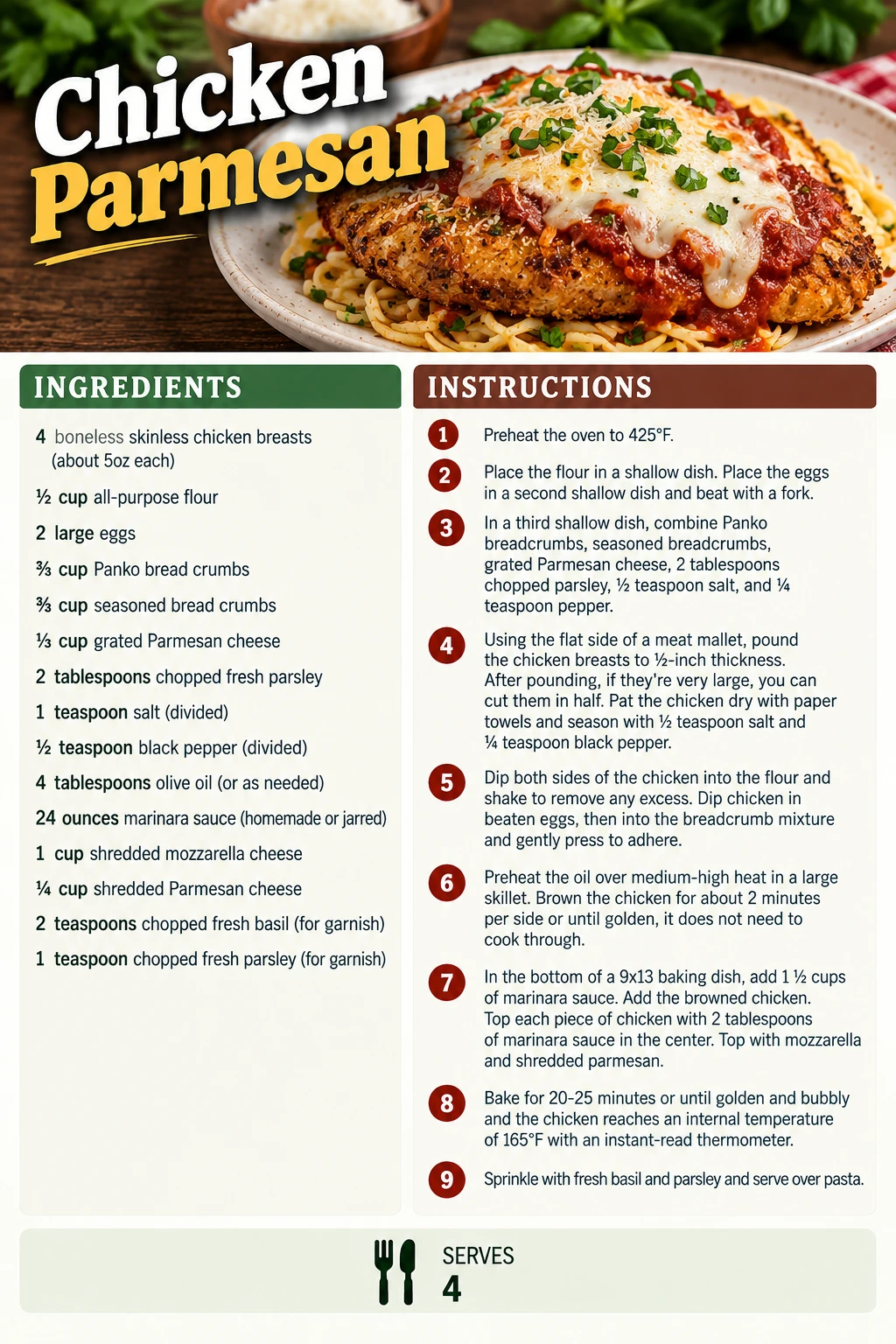 Saved Chicken Parmesan recipe card; accessible ingredients and instructions are listed above.