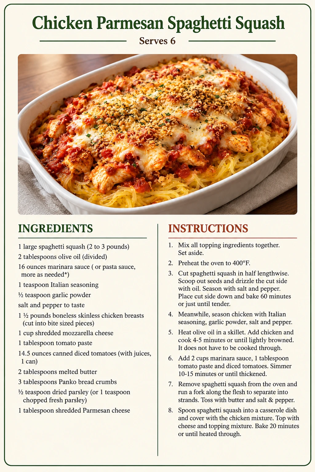 Saved Chicken Parmesan Spaghetti Squash recipe card; accessible ingredients and instructions are listed above.