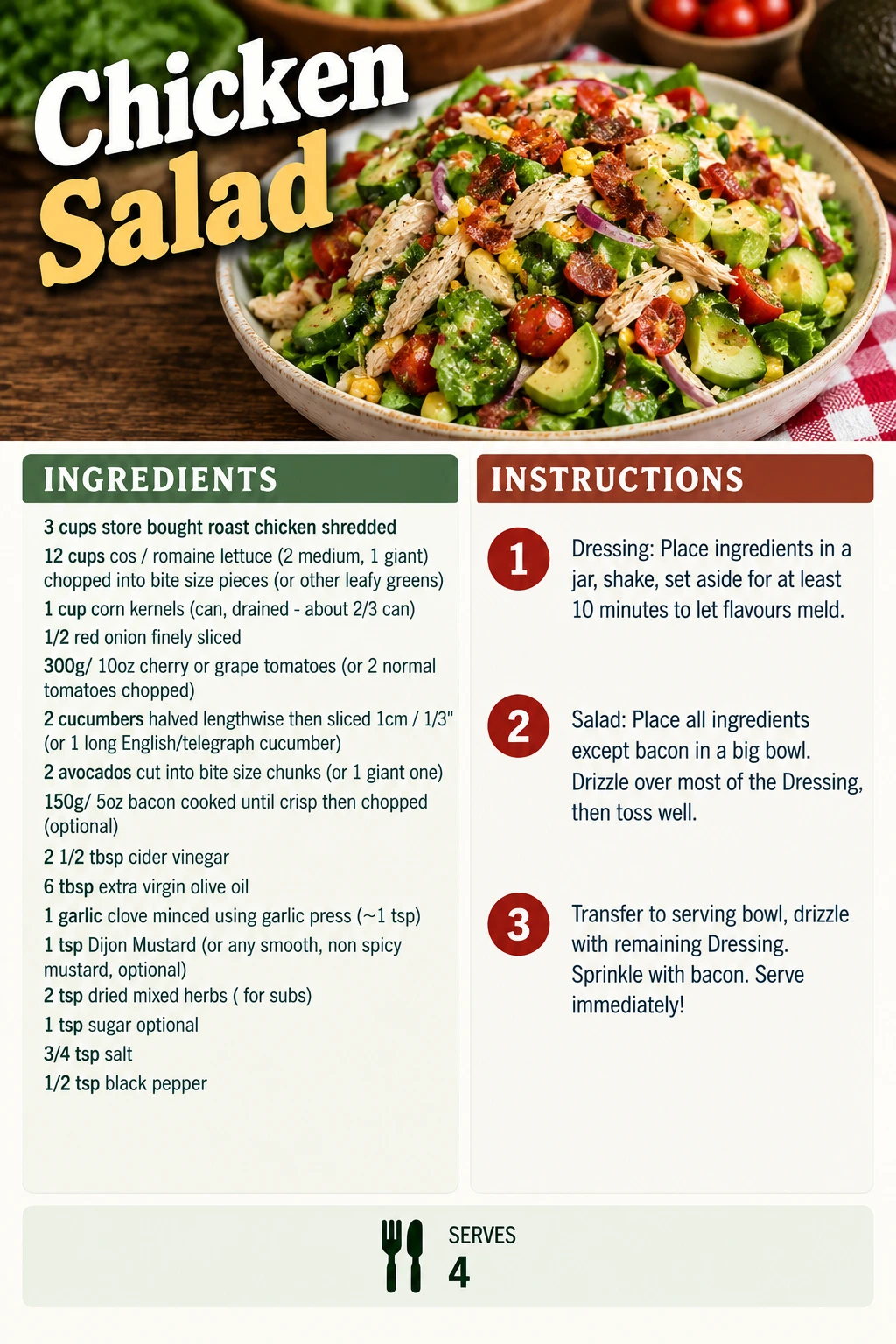 Saved Chicken Salad recipe card; accessible ingredients and instructions are listed above.
