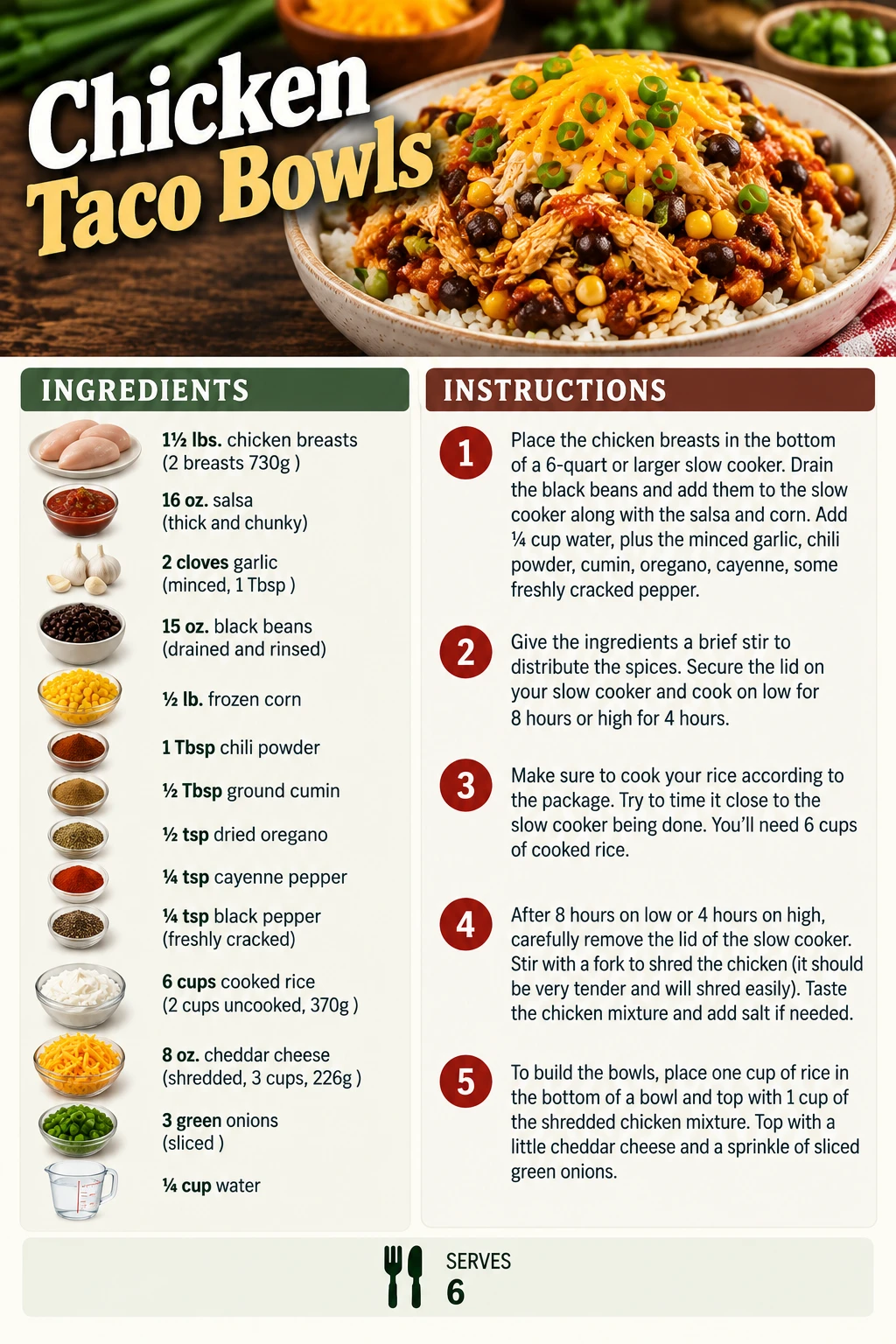 Saved Chicken Taco Bowls recipe card; accessible ingredients and instructions are listed above.