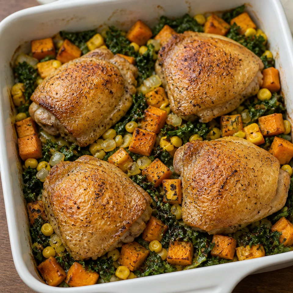 Chicken Thighs with Sweet Potatoes and Kale Bake — serving inspiration