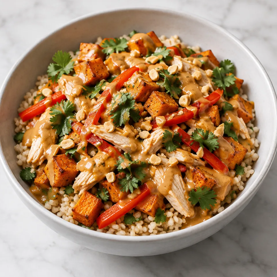 Chicken Veggie and Brown Rice Bowls with Peanut Sauce — serving inspiration