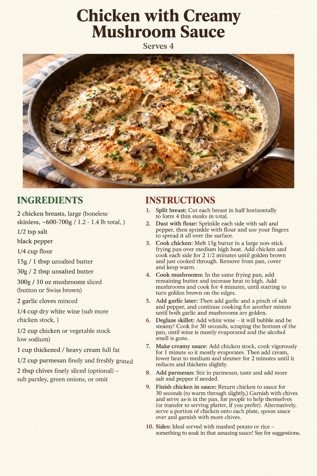 Saved Chicken with Creamy Mushroom Sauce recipe card; accessible ingredients and instructions are listed above.