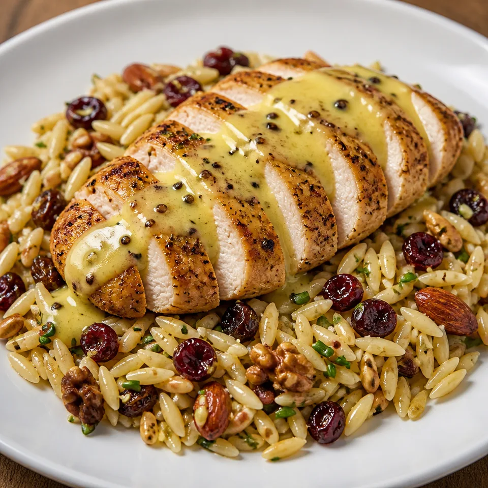 Chicken with Passion Fruit Sauce over Dried Fruit and Nuts Orzo — serving inspiration