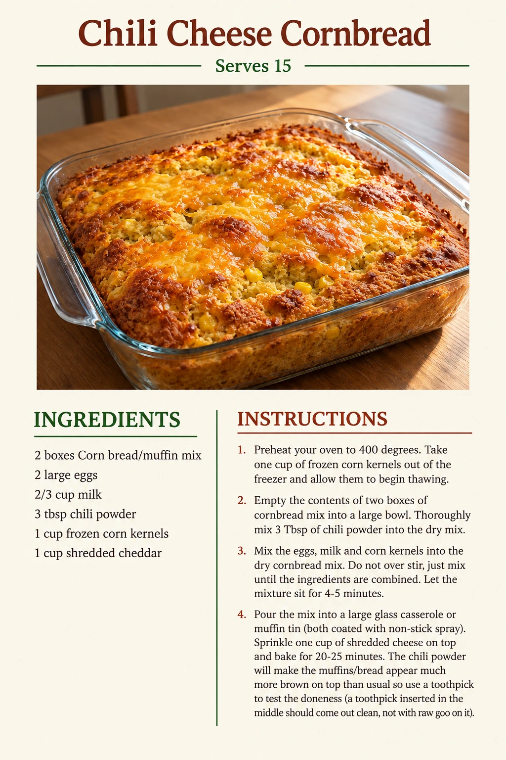 Saved Chili Cheese Cornbread recipe card; accessible ingredients and instructions are listed above.