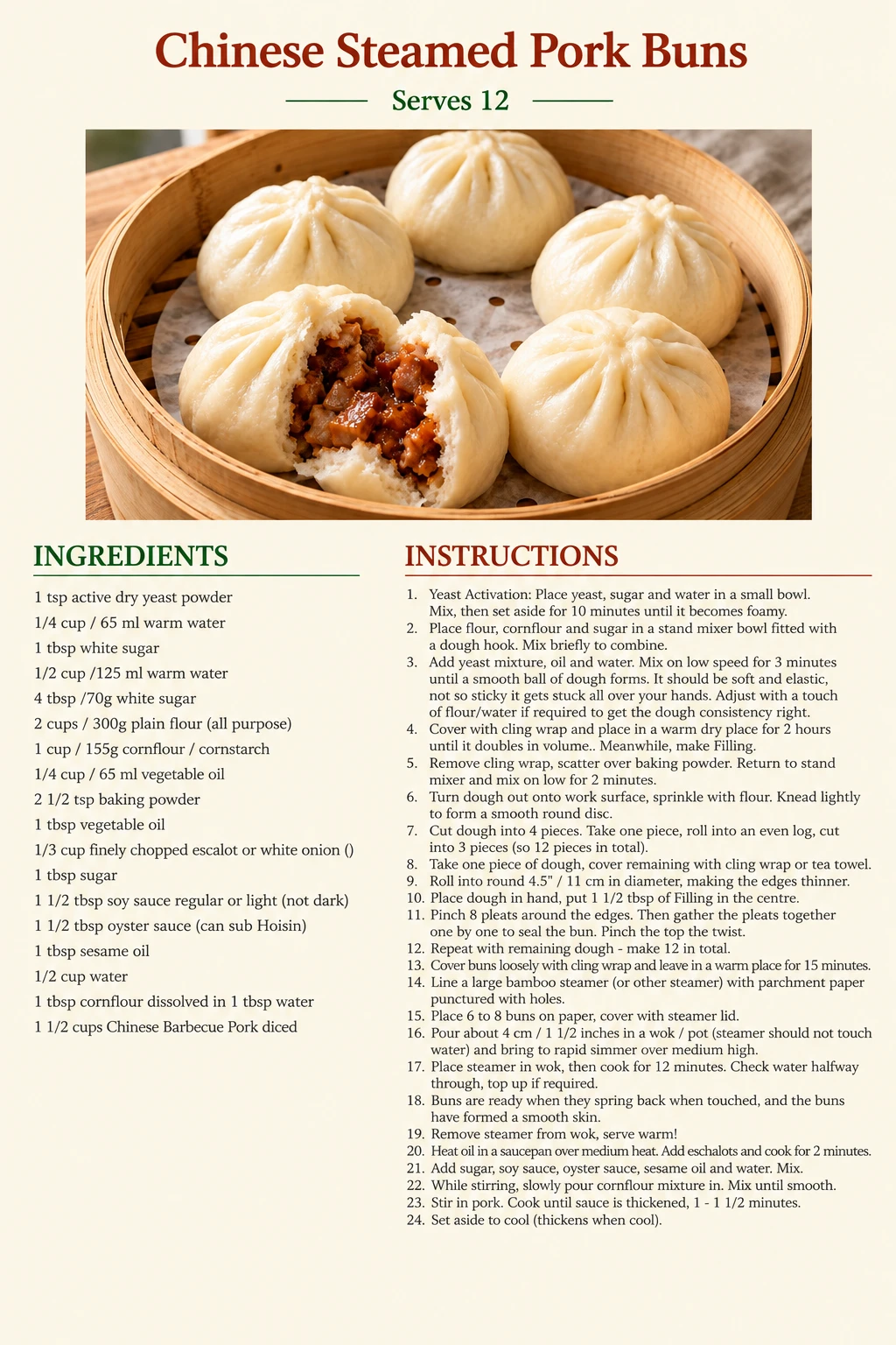 Saved Chinese Steamed Pork Buns recipe card; accessible ingredients and instructions are listed above.