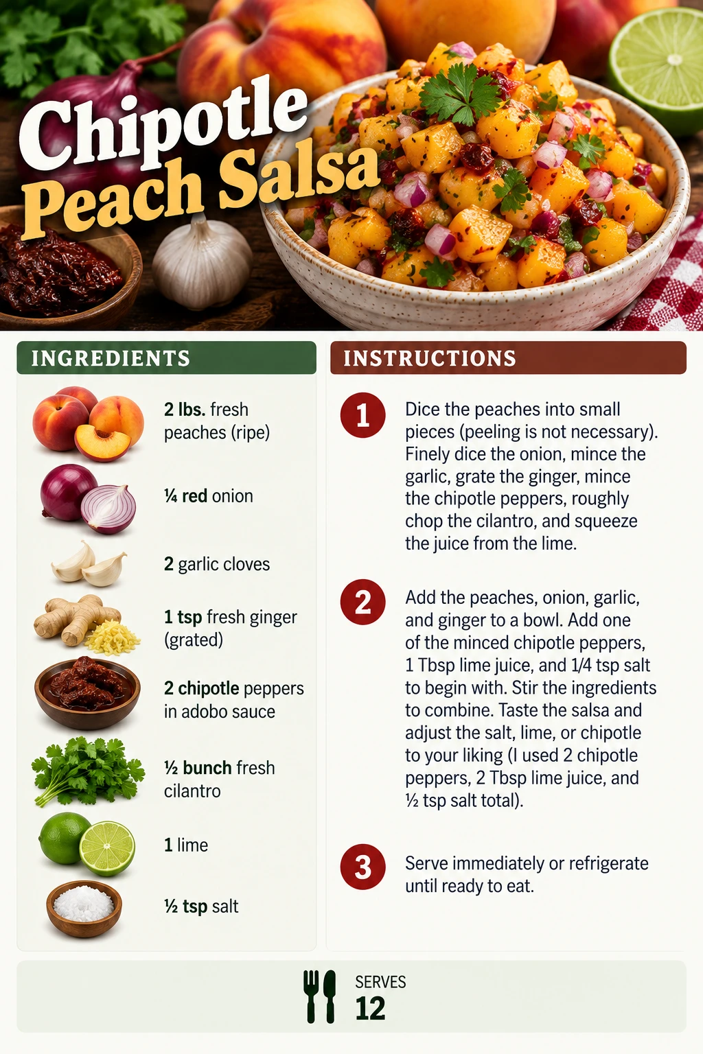 Saved Chipotle Peach Salsa recipe card; accessible ingredients and instructions are listed above.