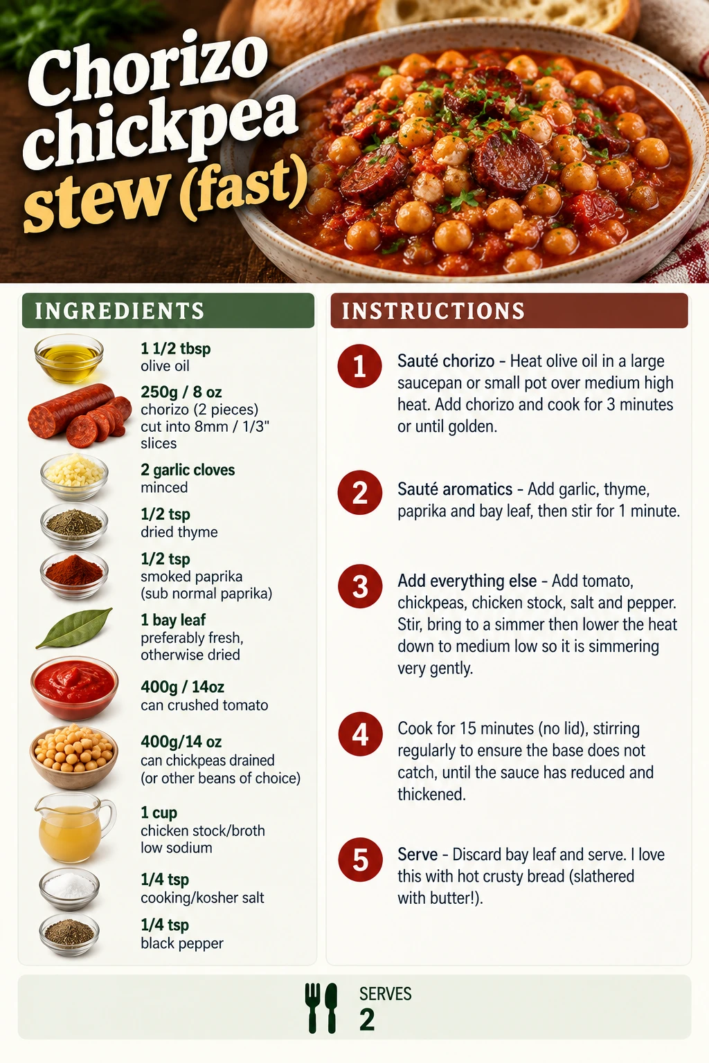 Saved Chorizo chickpea stew (fast) recipe card; accessible ingredients and instructions are listed above.