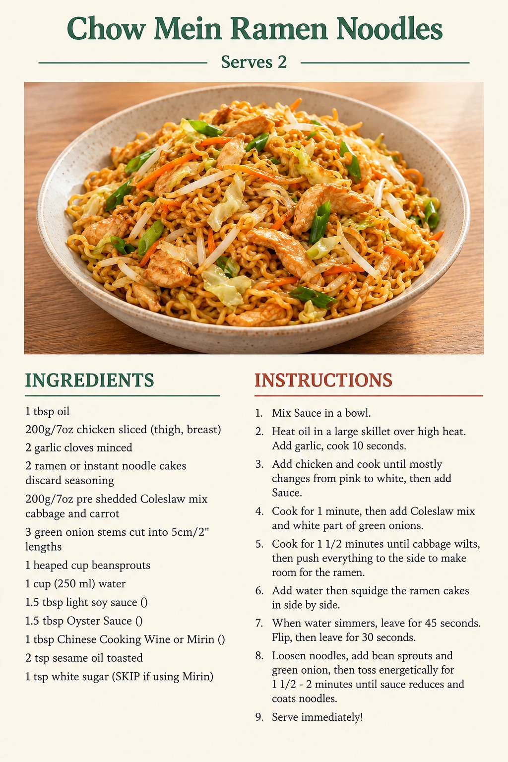 Saved Chow Mein Ramen Noodles recipe card; accessible ingredients and instructions are listed above.