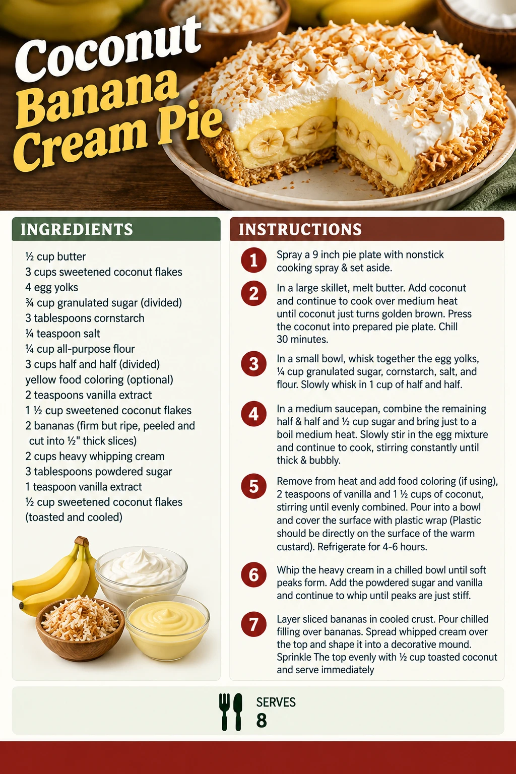 Saved Coconut Banana Cream Pie recipe card; accessible ingredients and instructions are listed above.