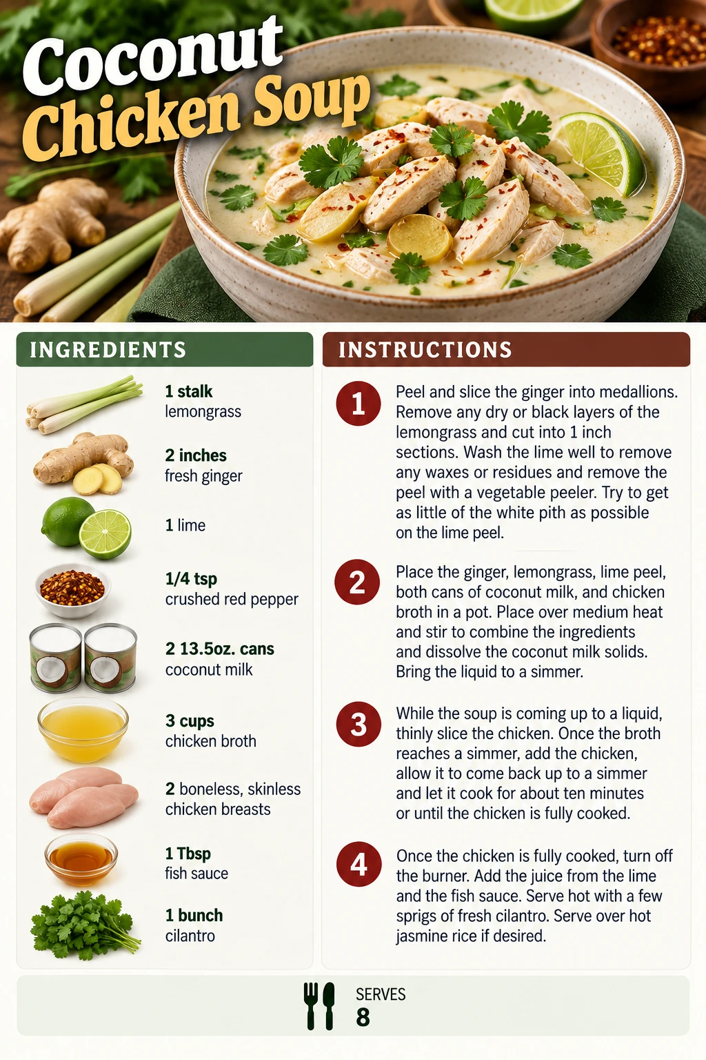 Saved Coconut Chicken Soup recipe card; accessible ingredients and instructions are listed above.