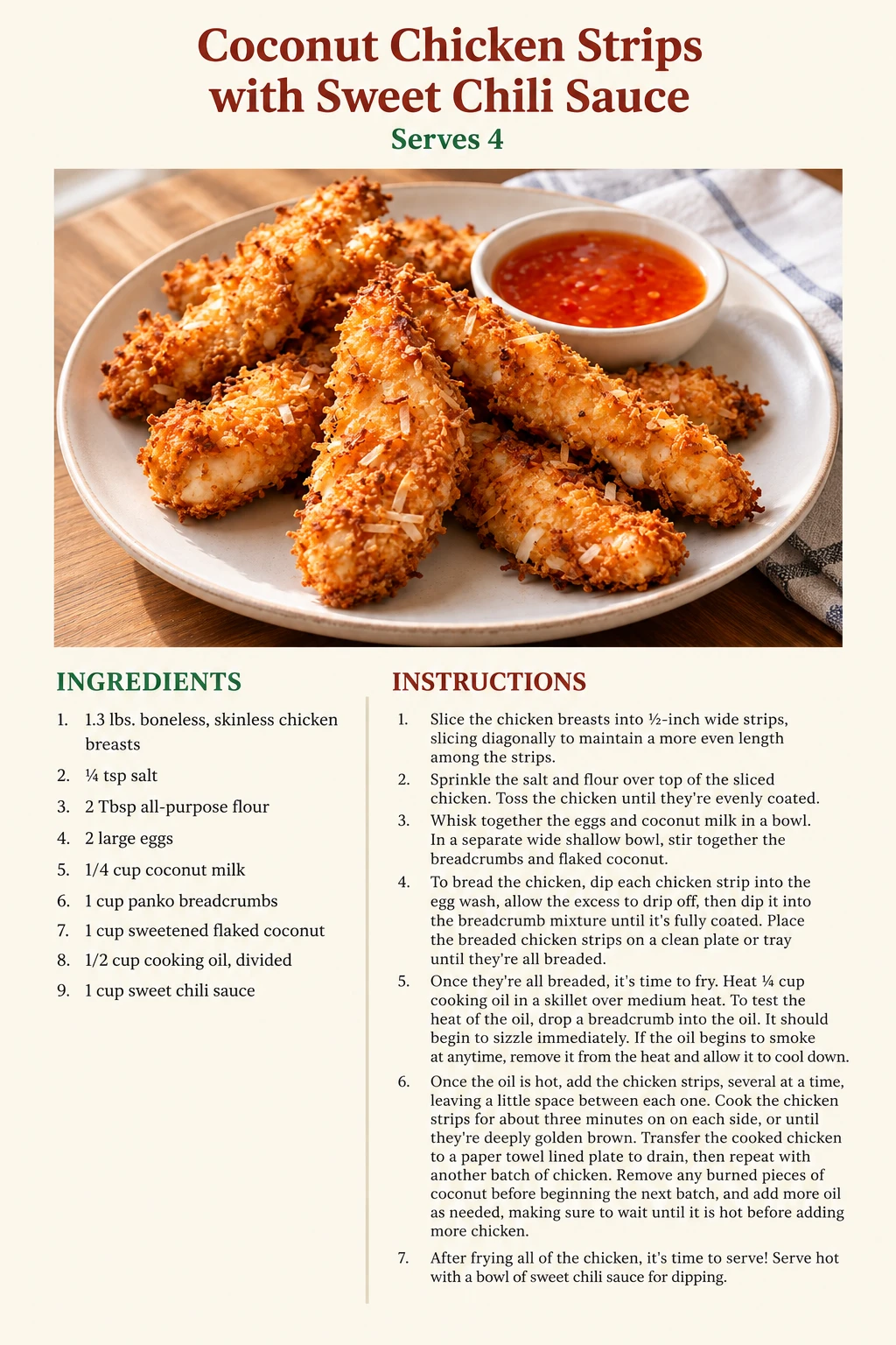 Saved Coconut Chicken Strips with Sweet Chili Sauce recipe card; accessible ingredients and instructions are listed above.
