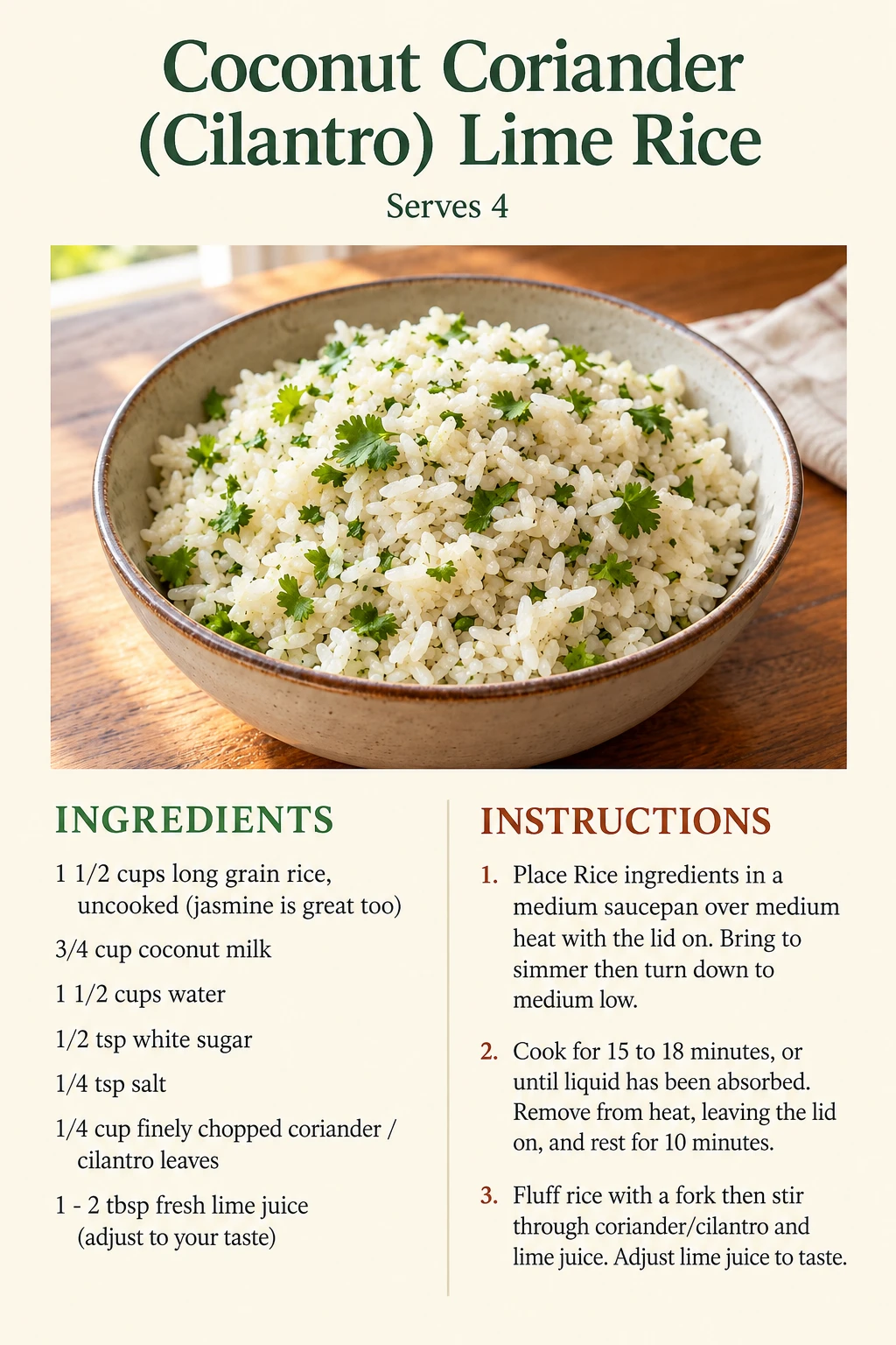 Saved Coconut Coriander (Cilantro) Lime Rice recipe card; accessible ingredients and instructions are listed above.
