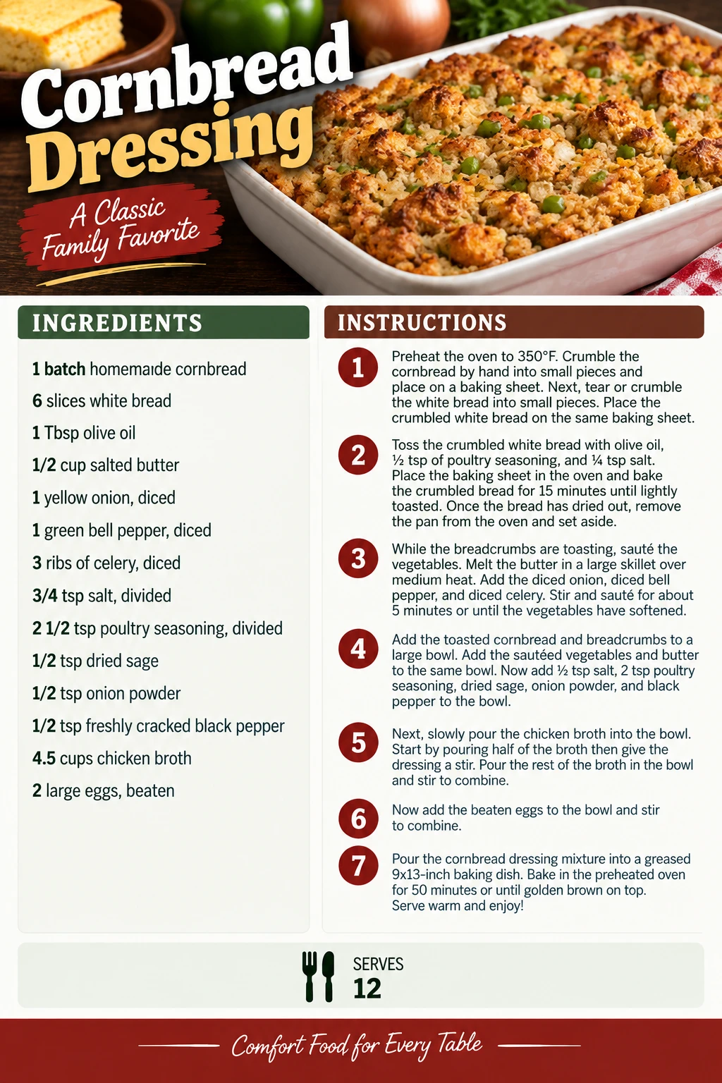 Saved Cornbread Dressing recipe card; accessible ingredients and instructions are listed above.