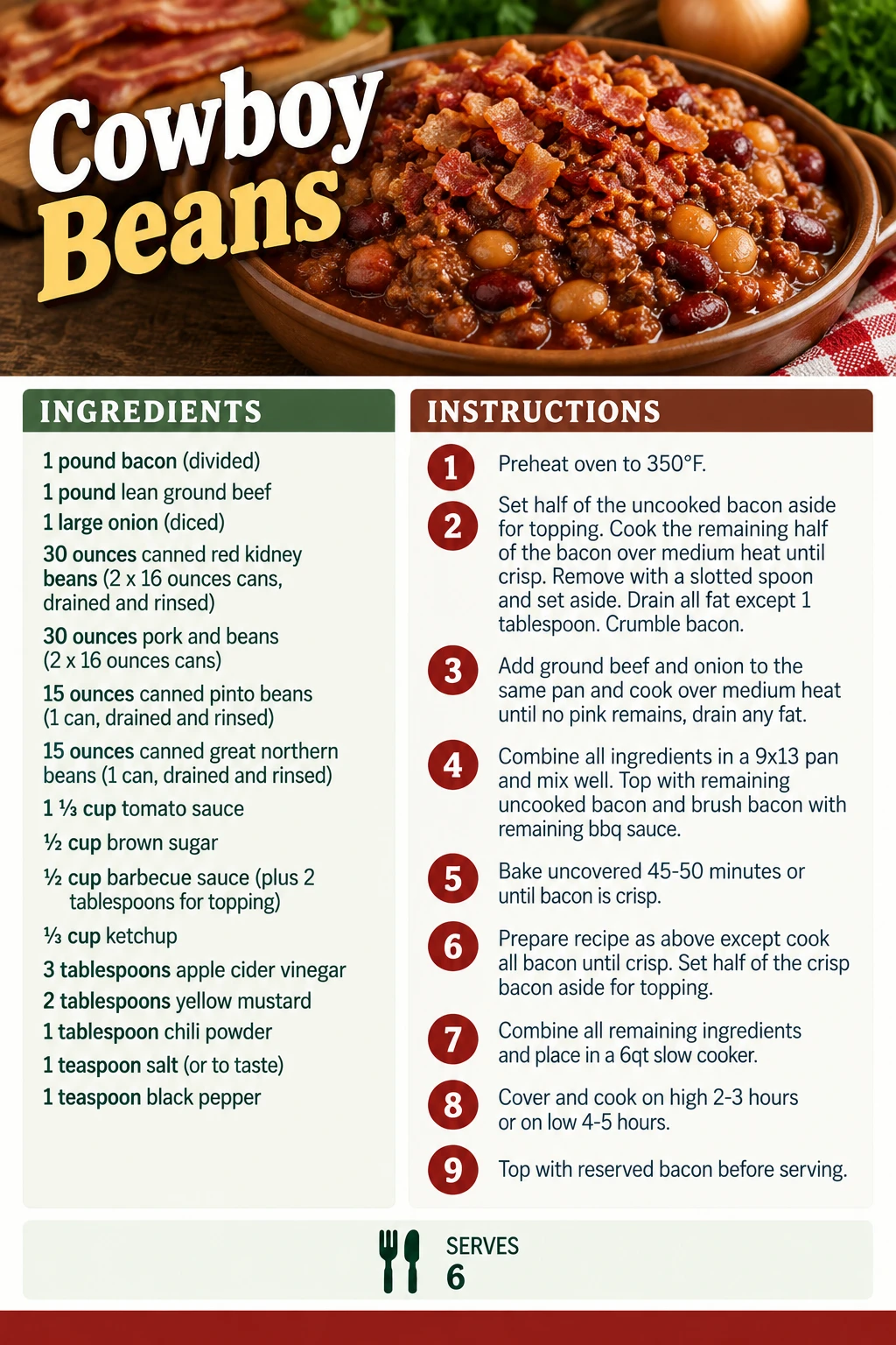 Saved Cowboy Beans recipe card; accessible ingredients and instructions are listed above.