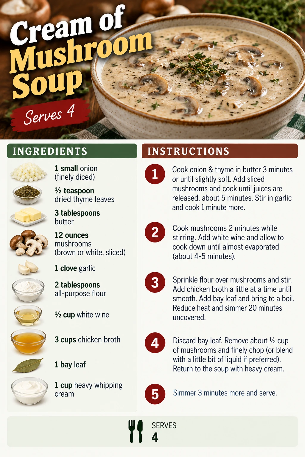 Saved Cream of Mushroom Soup recipe card; accessible ingredients and instructions are listed above.