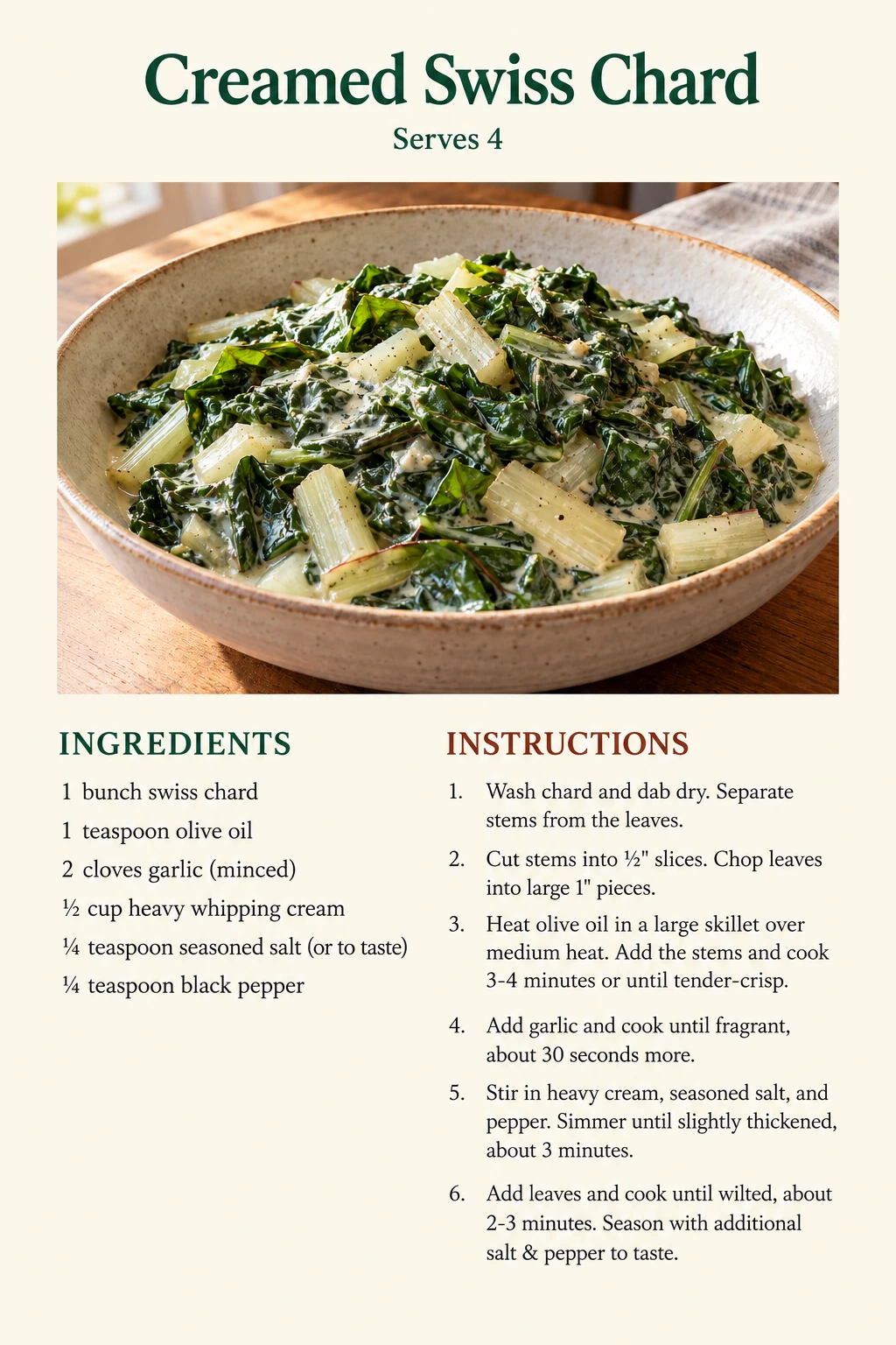 Saved Creamed Swiss Chard recipe card; accessible ingredients and instructions are listed above.