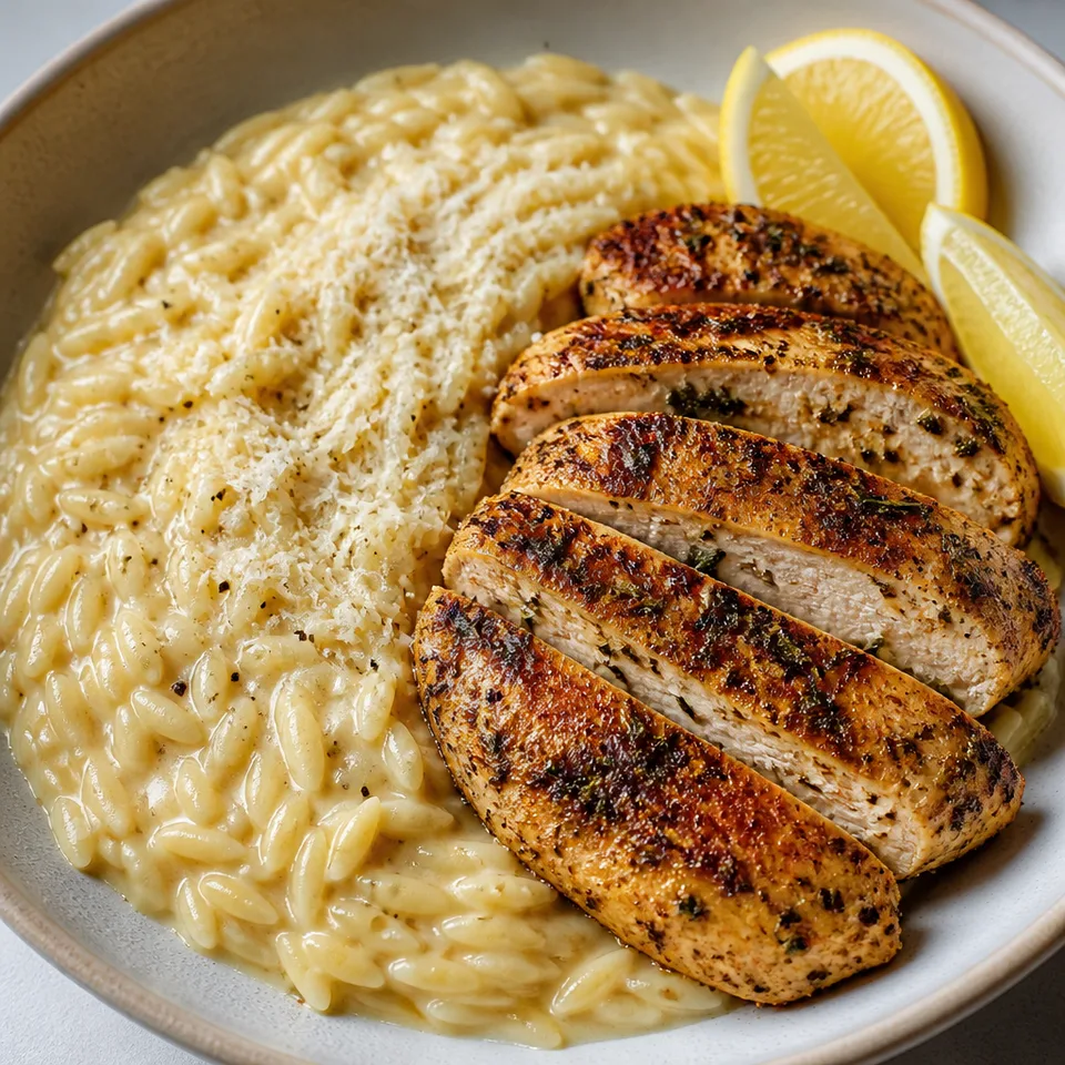 Creamy Cacio e Pepe Orzo Risotto with Rosemary Chicken — serving inspiration