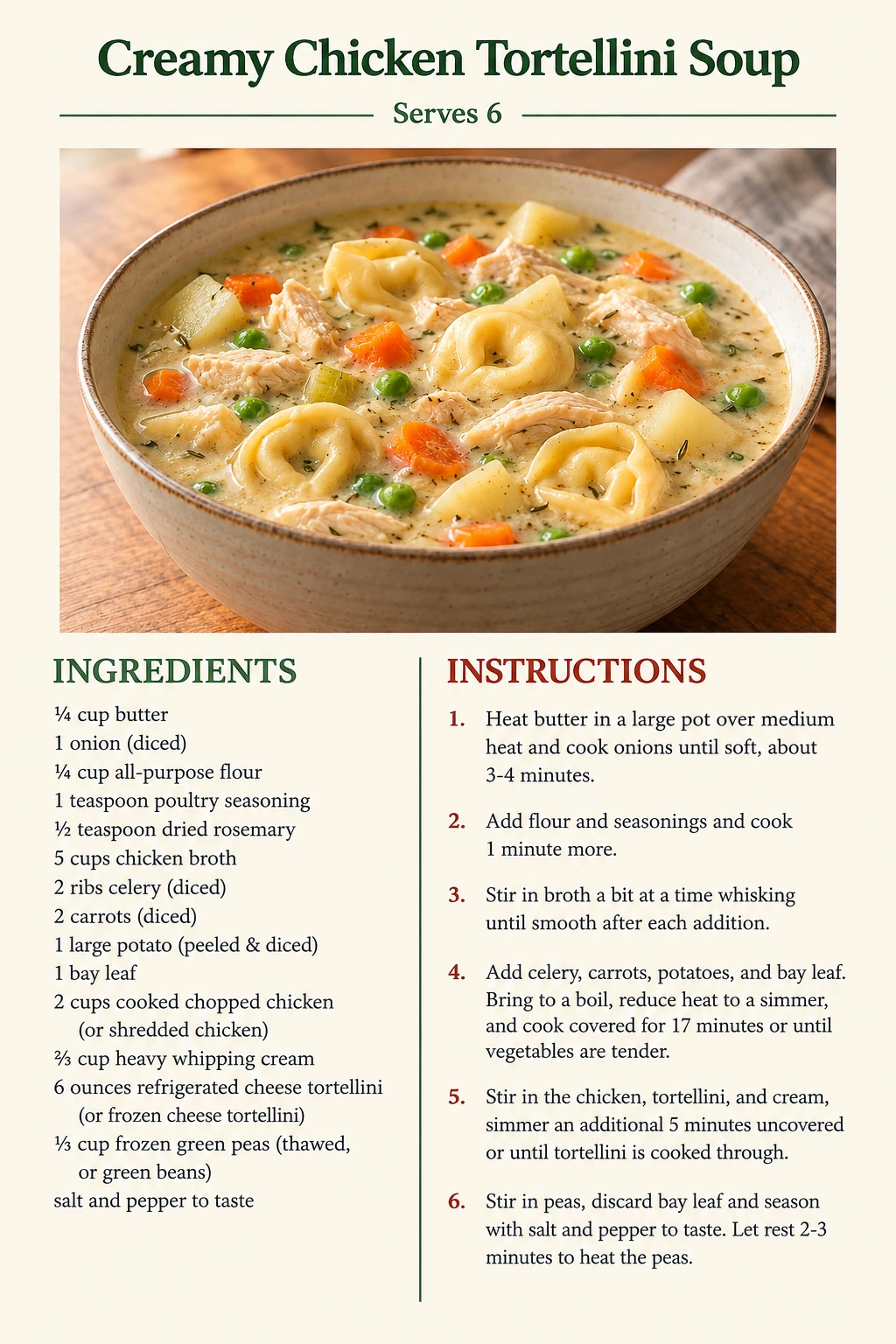 Saved Creamy Chicken Tortellini Soup recipe card; accessible ingredients and instructions are listed above.