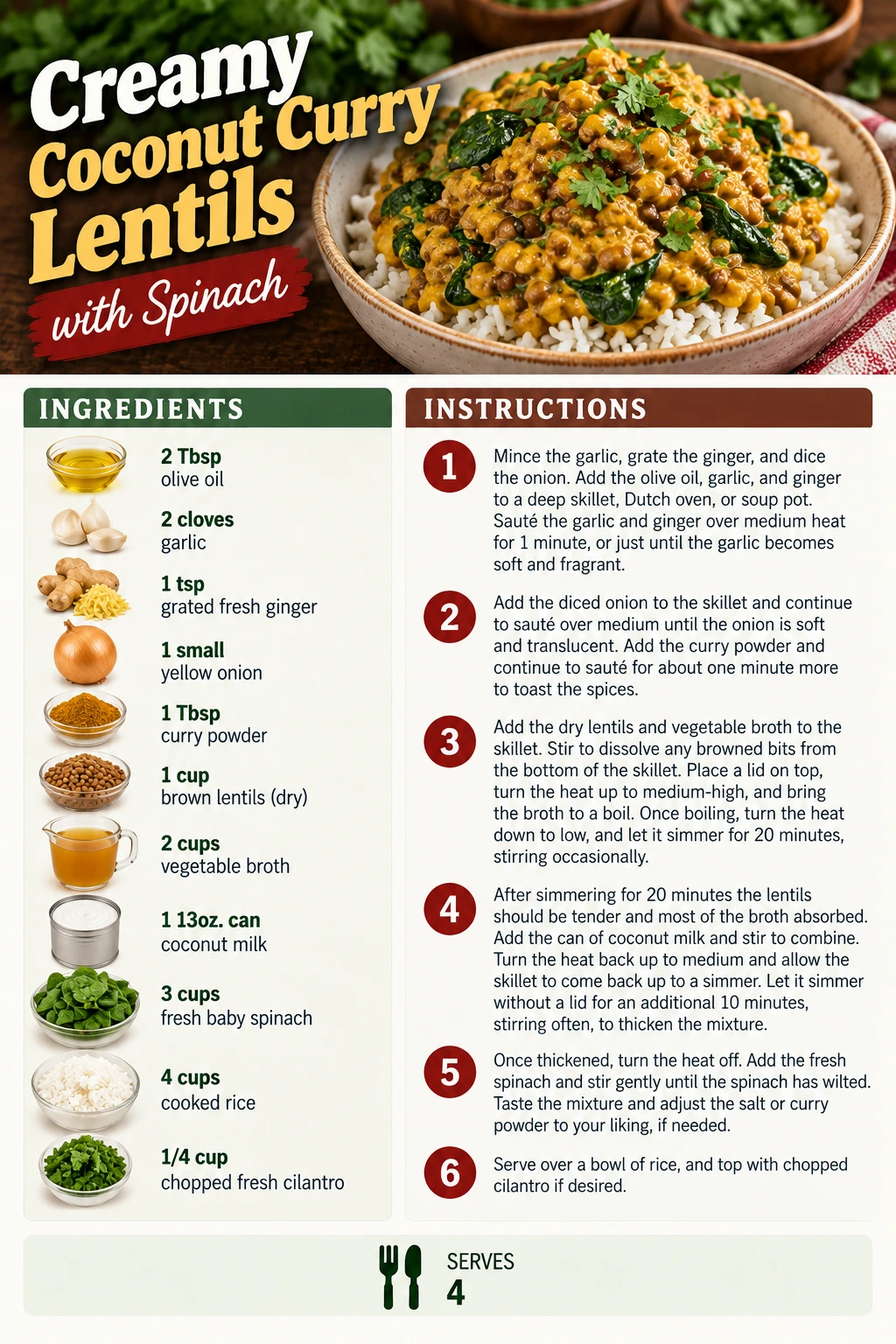 Saved Creamy Coconut Curry Lentils with Spinach recipe card; accessible ingredients and instructions are listed above.