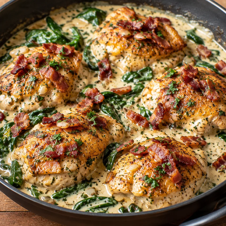 Creamy Dijon Chicken Thighs with Bacon and Spinach — serving inspiration